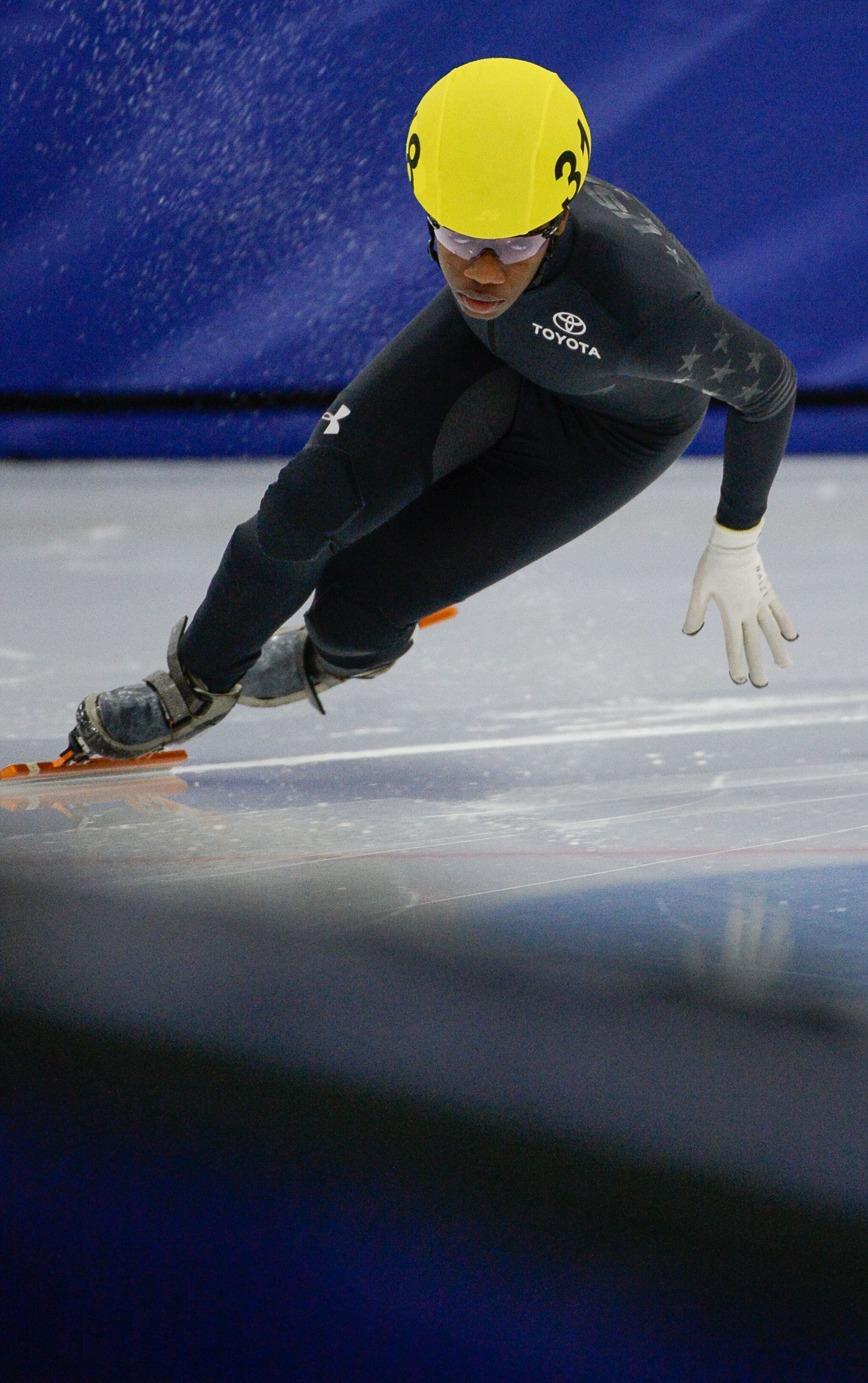 (Francisco Kjolseth | The Salt Lake Tribune) Maame Biney competes in the 2000 meter mixed semifinal relay race as part of the U.S. Short Track Speedskating championships on Friday, Jan. 3, 2020, at the Utah Olympic Oval in Kearns.