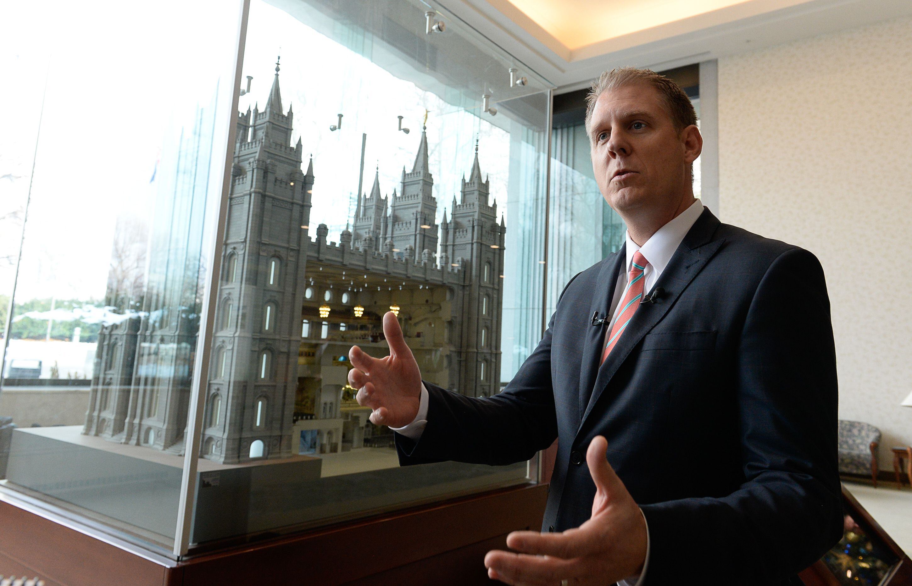 (Francisco Kjolseth | The Salt Lake Tribune) Rich Sutton, temple area director answers questions regarding public visitation on Wed. Dec. 4, 2019, as representatives from The Church of Jesus Christ of Latter-day Saints give insights into plans for extensive temple renovations set to close the temple Dec. 29, 2019, through 2024. Parts of the Temple Square Plaza are also set to be renovated.