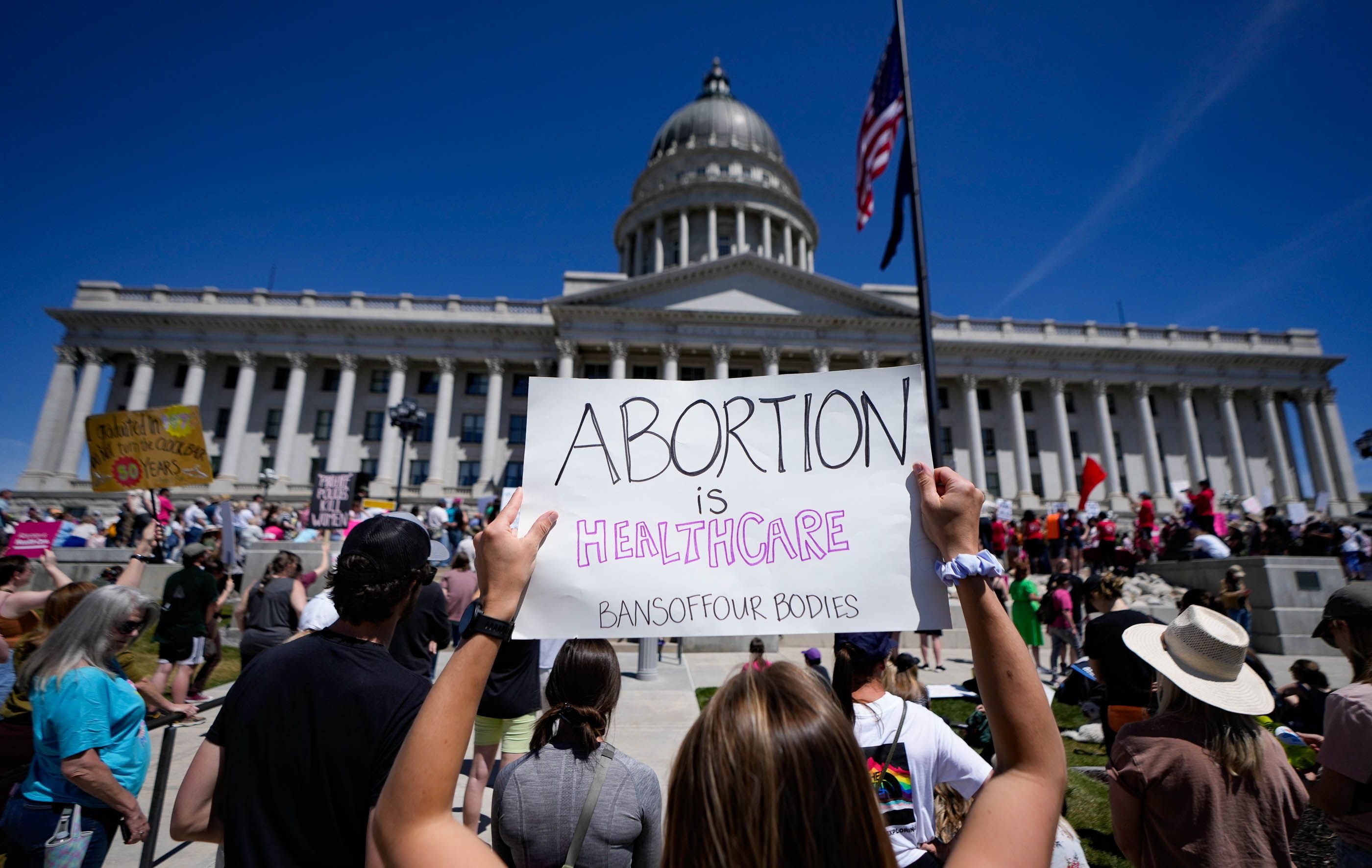 (Francisco Kjolseth | The Salt Lake Tribune) Thousands of protesters gather at the Utah Capitol for a “Bans Off Our Beehive” rally in support of abortion rights on Saturday, May 14, 2022.