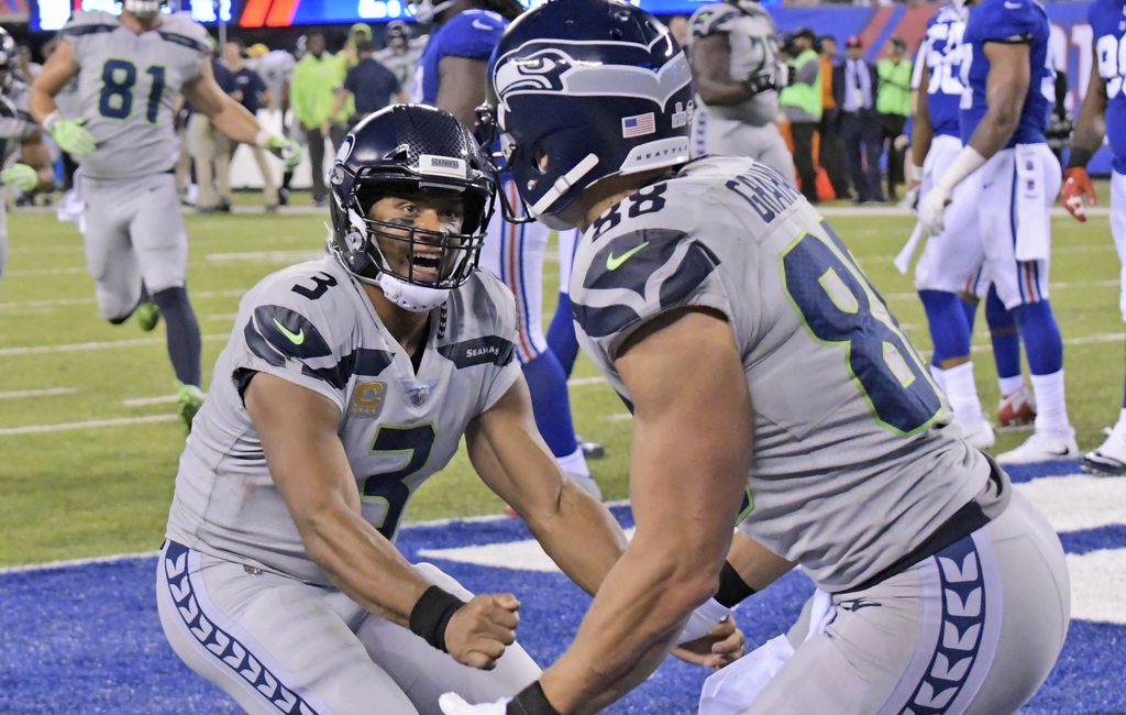 Quarterback Russell Wilson of the Seattle Seahawks celebrates