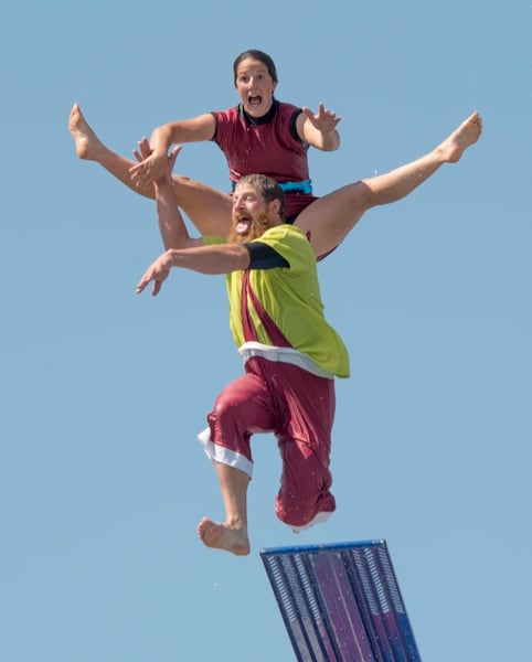 (Rick Egan | The Salt Lake Tribune) Divers from the Flying Fools High Dive show, entertain the crowd, on opening day of the Utah State Fair, Thursday, Sept. 6, 2018. 