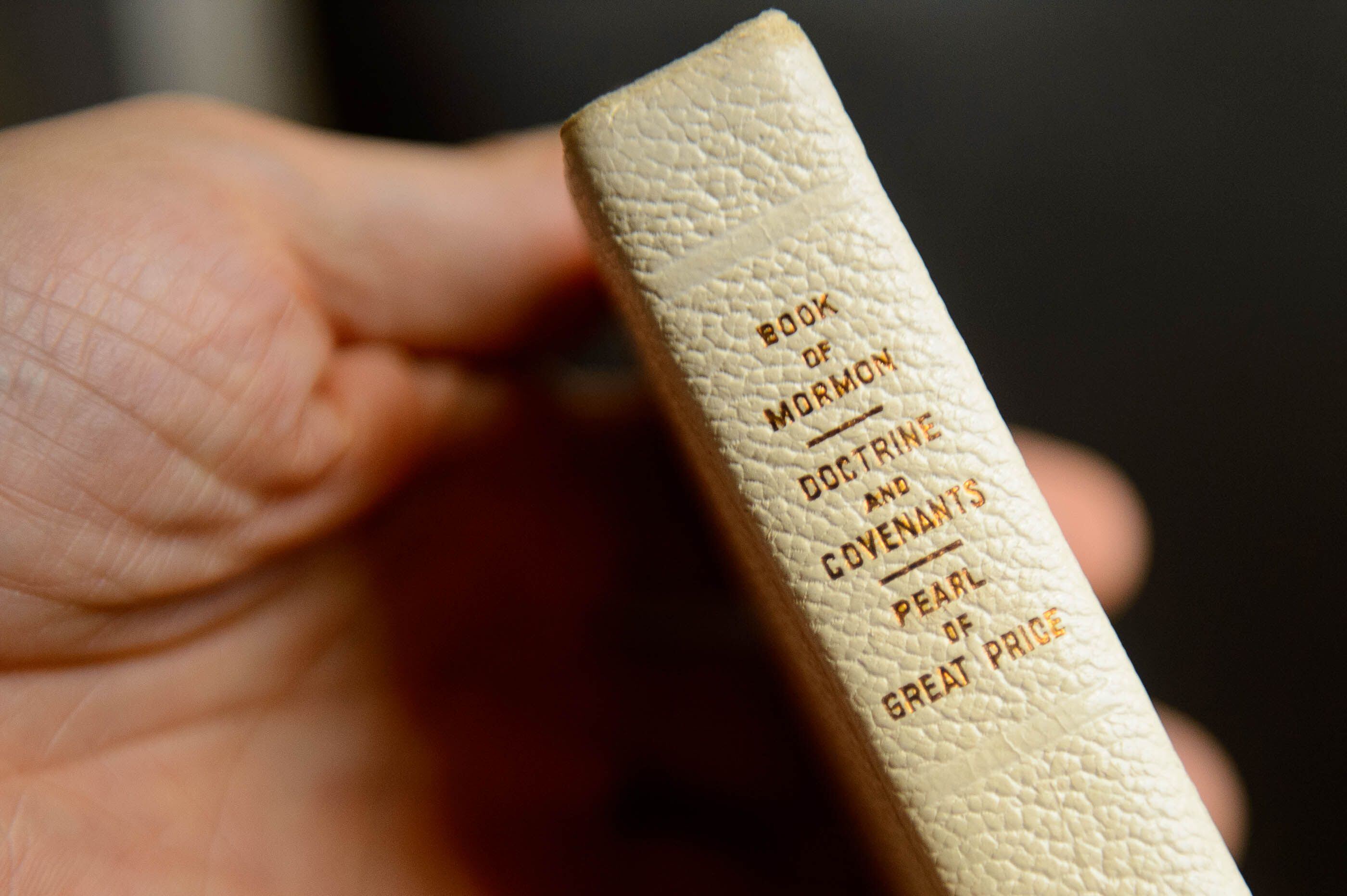 (Trent Nelson | The Salt Lake Tribune) A Book of Mormon that went to the moon in 1972. Photographed in Salt Lake City on Wednesday Oct. 2, 2019.