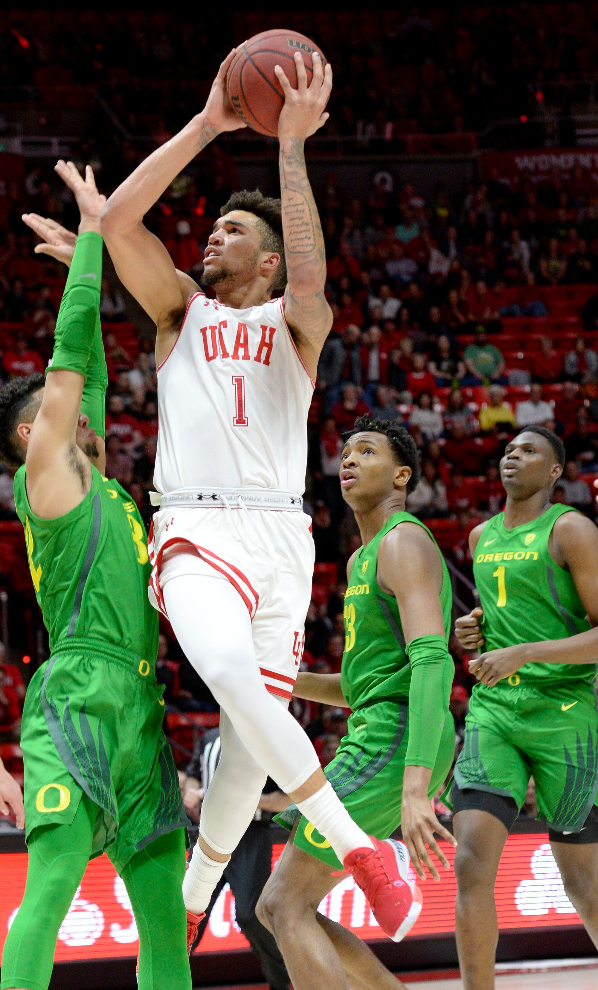 (Leah Hogsten | The Salt Lake Tribune) Utah Utes forward Timmy Allen (1) had 7 points and 7 rebounds in the first half as the University of Utah basketball team hosts No. 4 Oregon, Jan. 4, 2020, at the Huntsman Center.