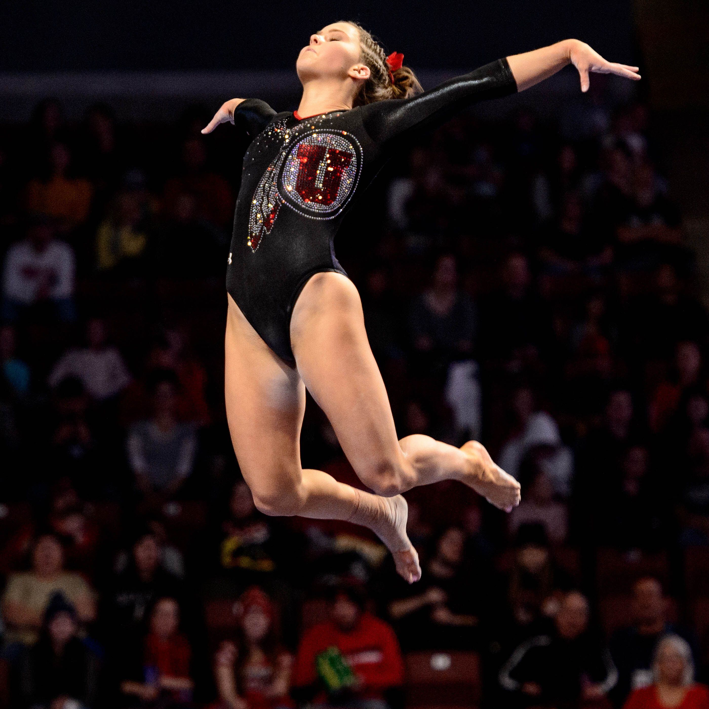 (Trent Nelson | The Salt Lake Tribune) Utah's Adrienne Randall on the beam at the Best of Utah NCAA Gymnastics Meet in West Valley City on Saturday, Jan. 11, 2020.