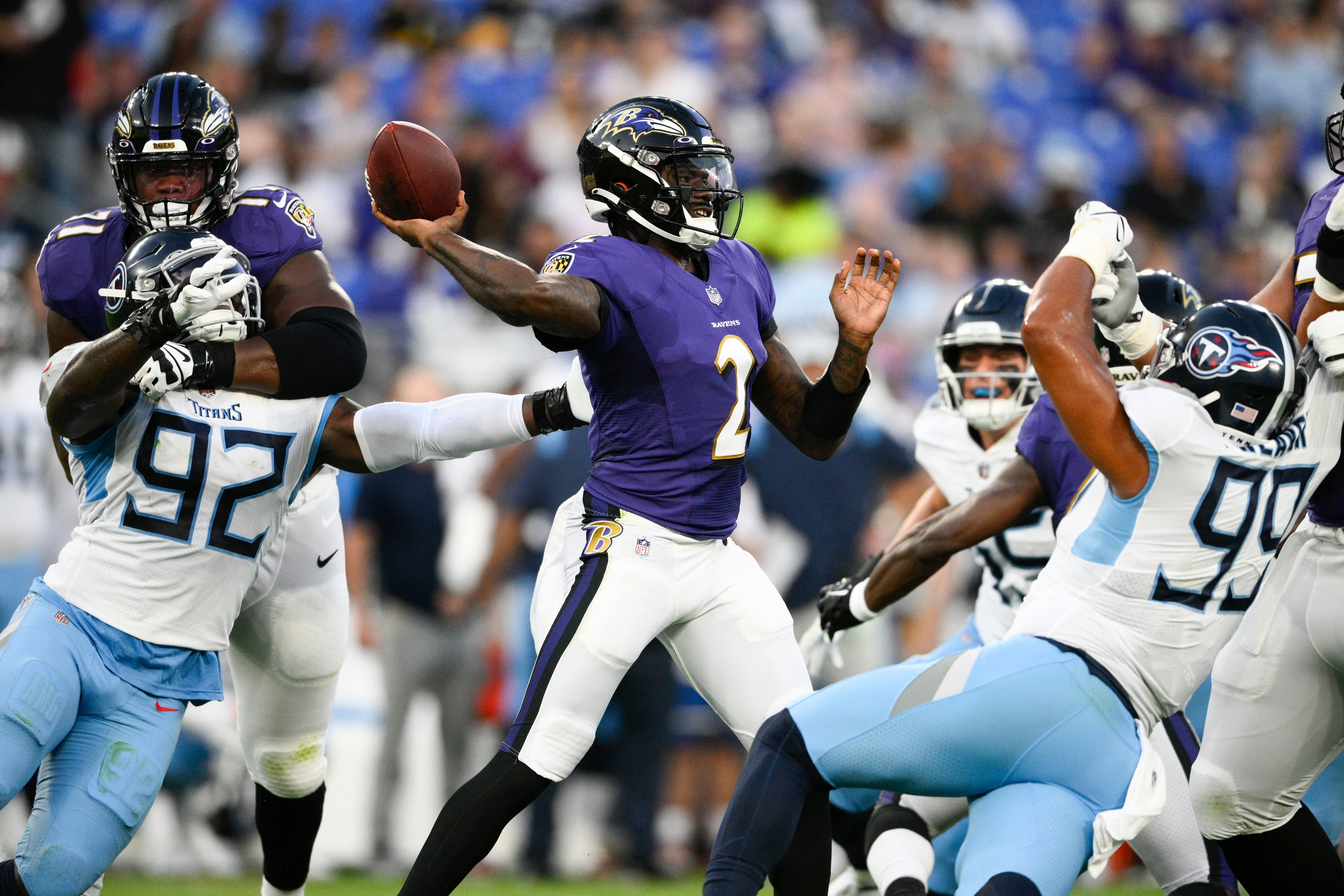 Baltimore Ravens quarterback Tyler Huntley (2) looks to pass the