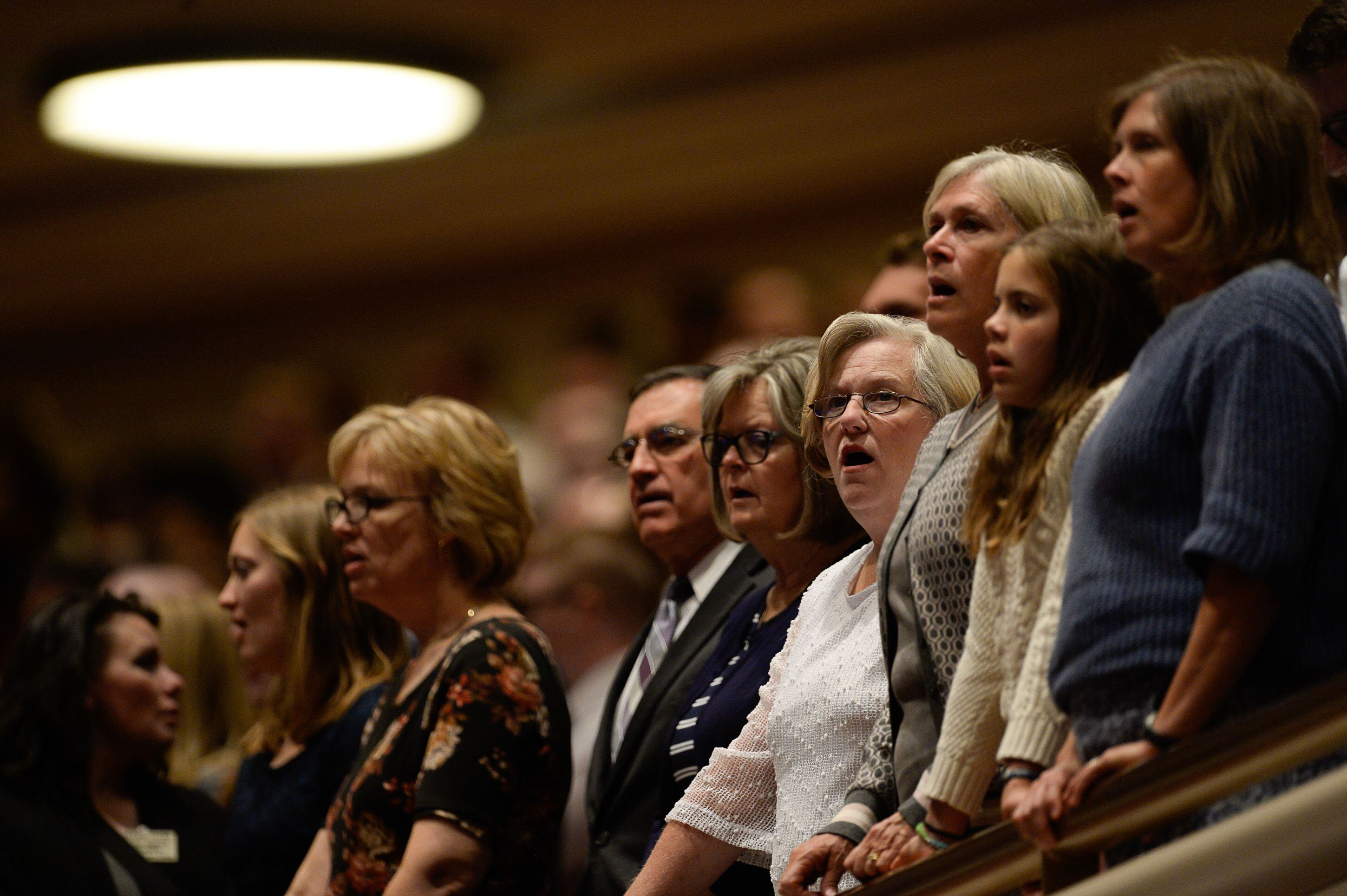 (Francisco Kjolseth | The Salt Lake Tribune) The faithful join the Tabernacle Choir at Temple Square in song during the Sunday morning session of the 189th twice-annual General Conference of The Church of Jesus Christ of Latter-day Saints at the Conference Center in Salt Lake City on Sunday, Oct. 6, 2019.