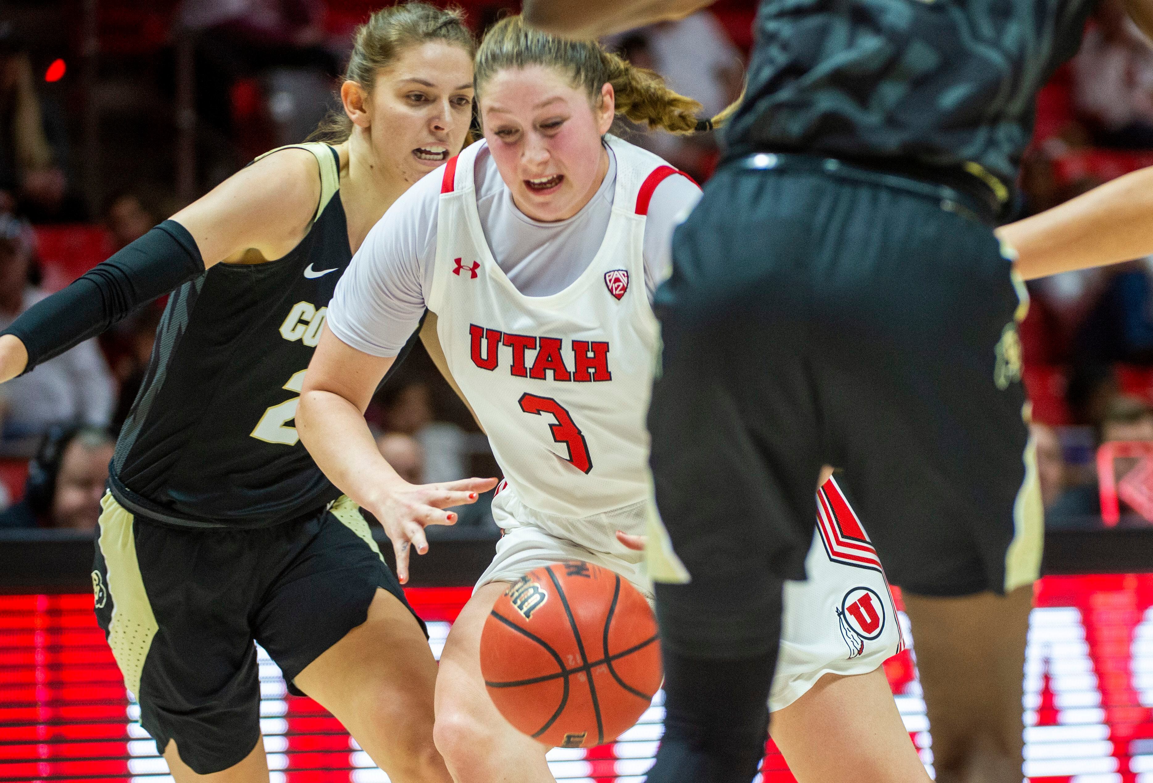 (Rick Egan | The Salt Lake Tribune) Utah Utes forward Andrea Torres (3) tries to keep control of the ball as she dribbles through traffic, in PAC-12 basketball action between the Utah Utes and the Colorado Buffaloes, at the Jon M. Huntsman Center, Sunday, Nov. 29, 2019.