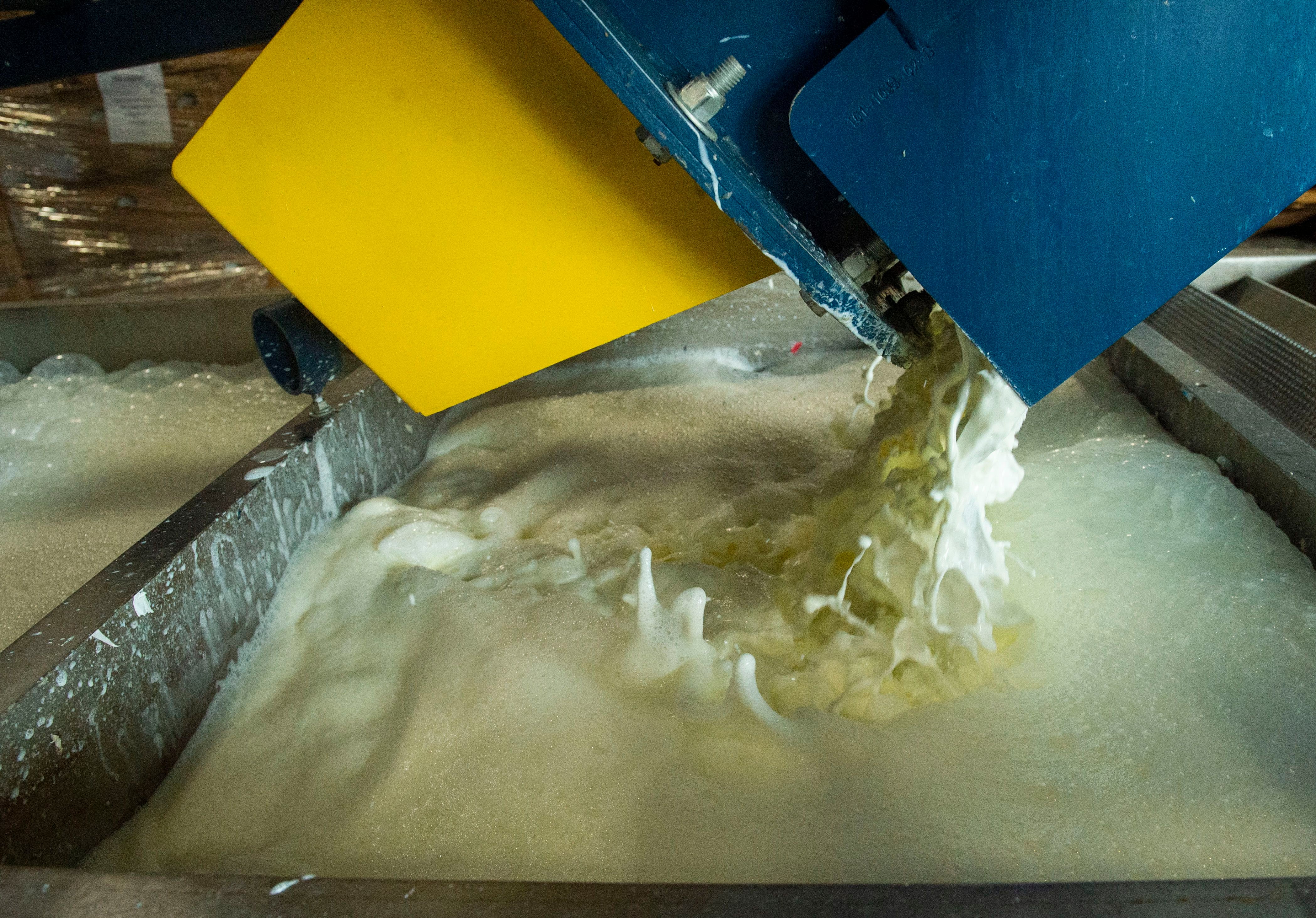 (Rick Egan | The Salt Lake Tribune) Milk is comes out of the de-bottling machine at Wasatch Resource Recovery in North Salt Lake. Friday, May 24, 2019.