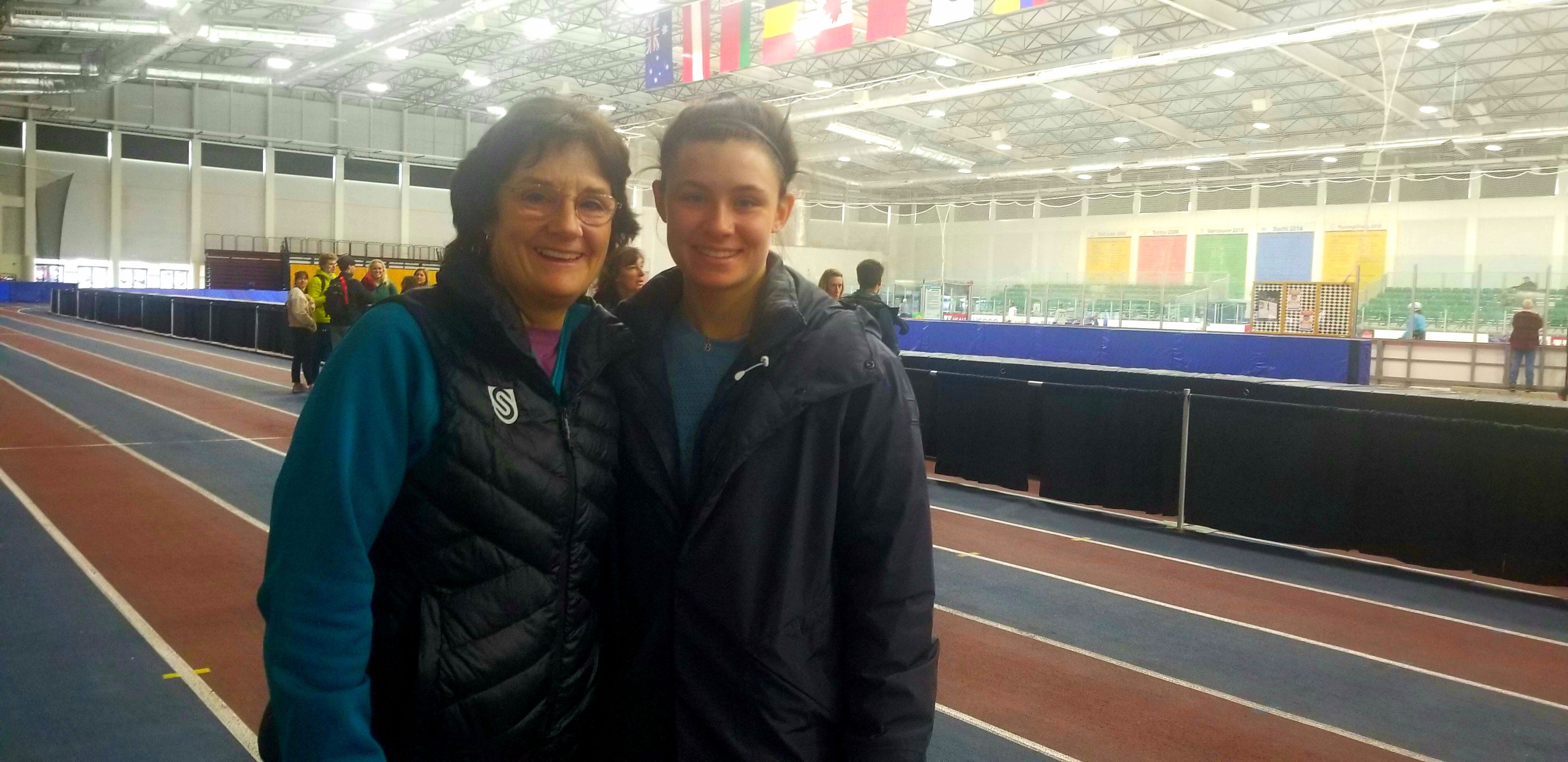 Julie Jag | The Salt Lake Tribune Blair Cruikshank, right, won the junior overall title at the U.S. Speedskating Long Track National Championships on Sunday, Dec. 29, 2019, at the Utah Olympic Oval in Kearns. Cruikshank, 19, is the daughter of Olympians Bonnie Blair (left) and Dave Cruikshank.