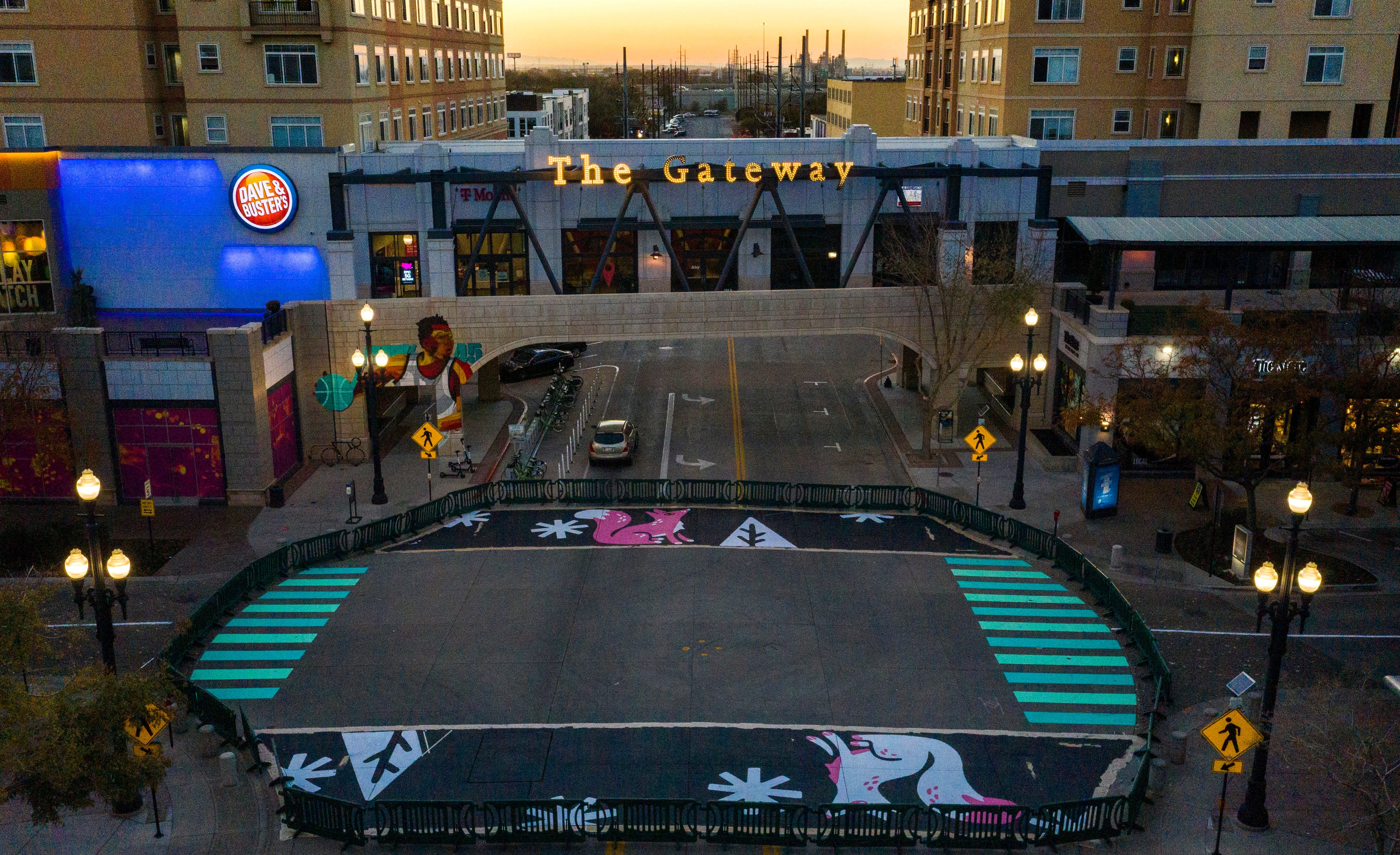 (Rick Egan | The Salt Lake Tribune). The new winter crosswalk was painted at the intersection of 100 South and Rio Grande Street, on Wednesday, Nov. 4, 2020.