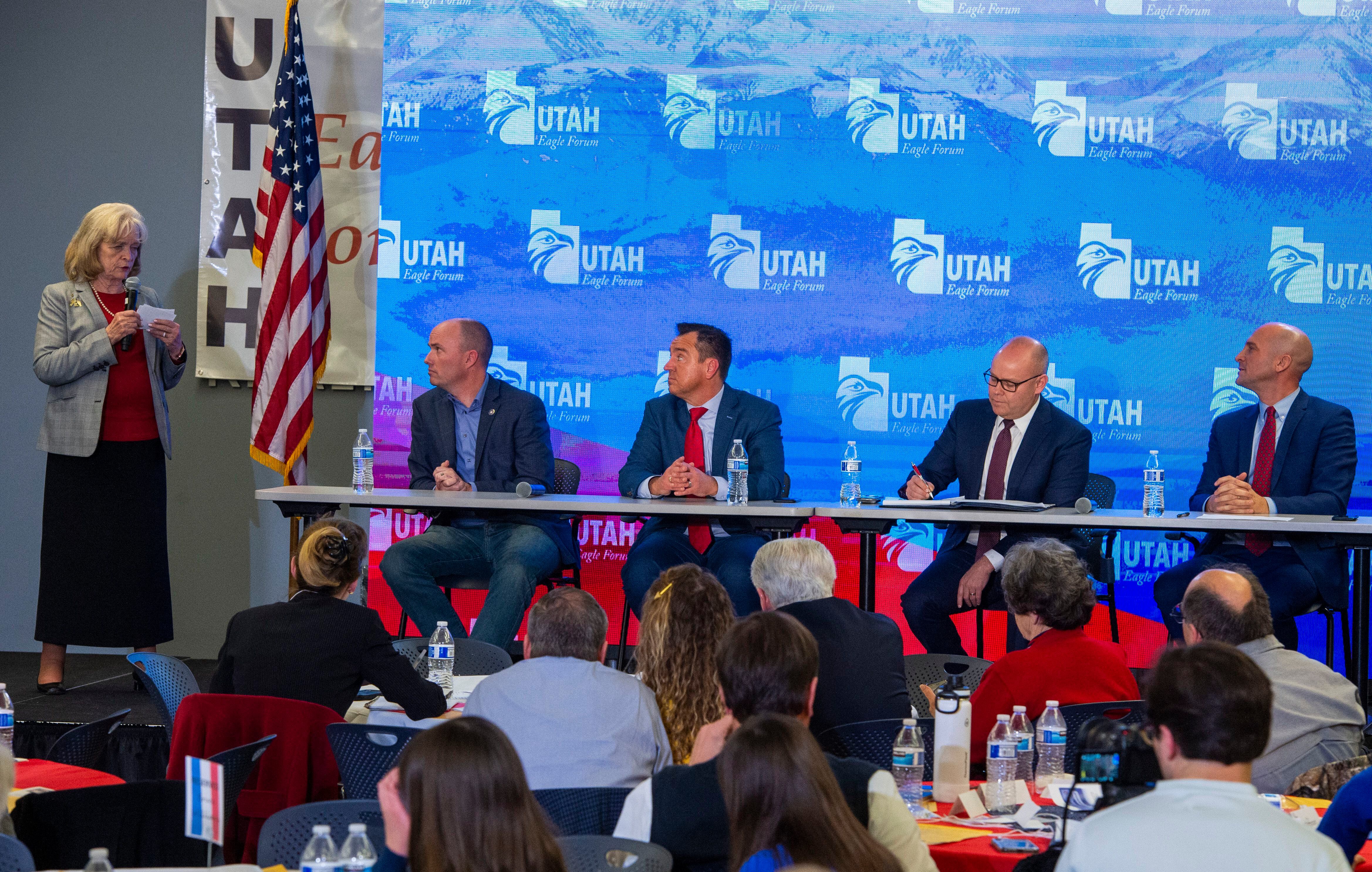 (Rick Egan | The Salt Lake Tribune) Gayle Ruzicka asks a question during a Panel of Gubernatorial Candidates including Spencer Cox, Greg Hughes, Jeff Burningham and Thomas Wright, at the annual Utah Eagle Forum Convention, in Sandy, Saturday, Jan. 11, 2020. Candidates, Jon Huntsman and Amy Winder Newton were not present for the panel.