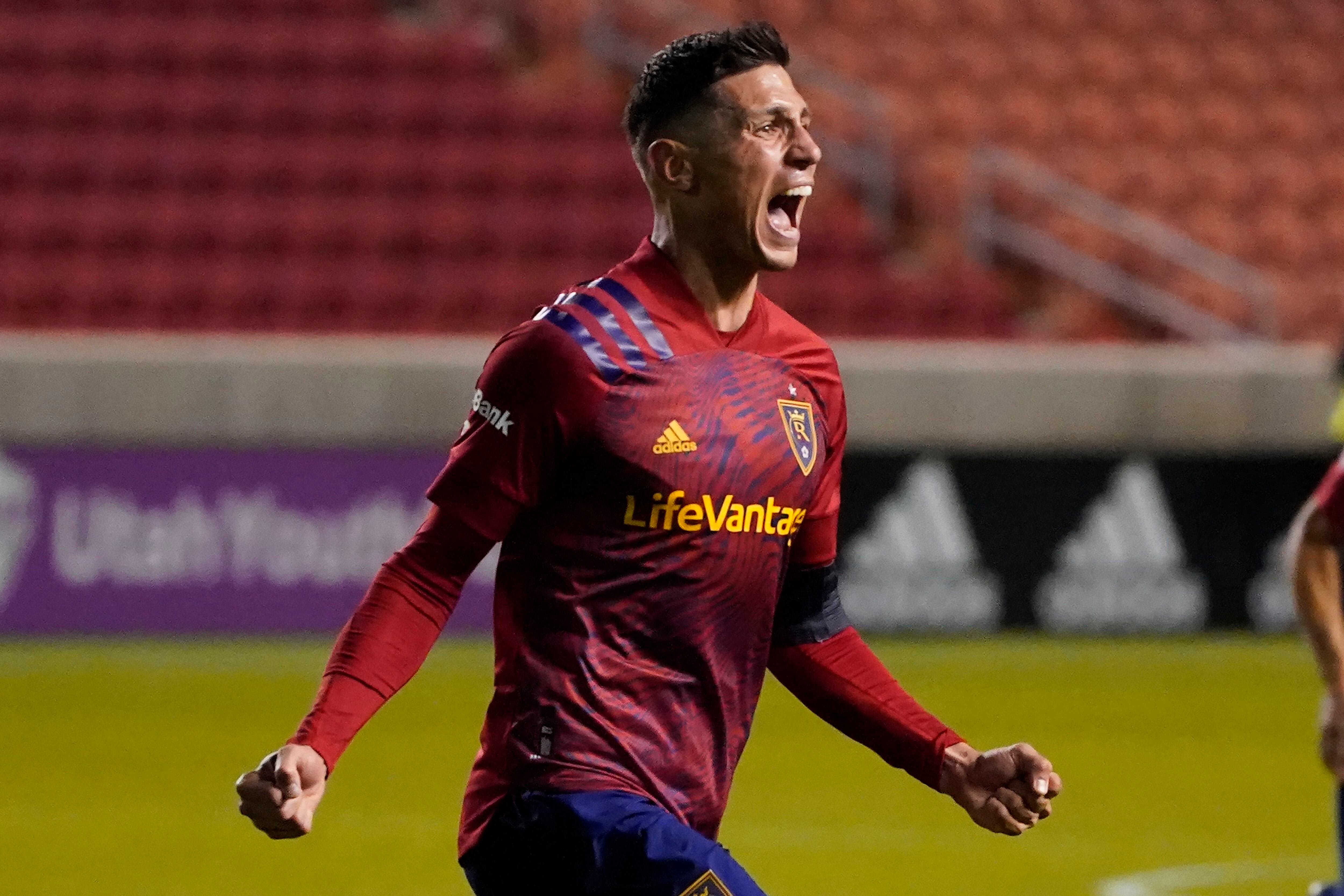 Damir Kreilach of the MLS All-Stars celebrates during a shootout