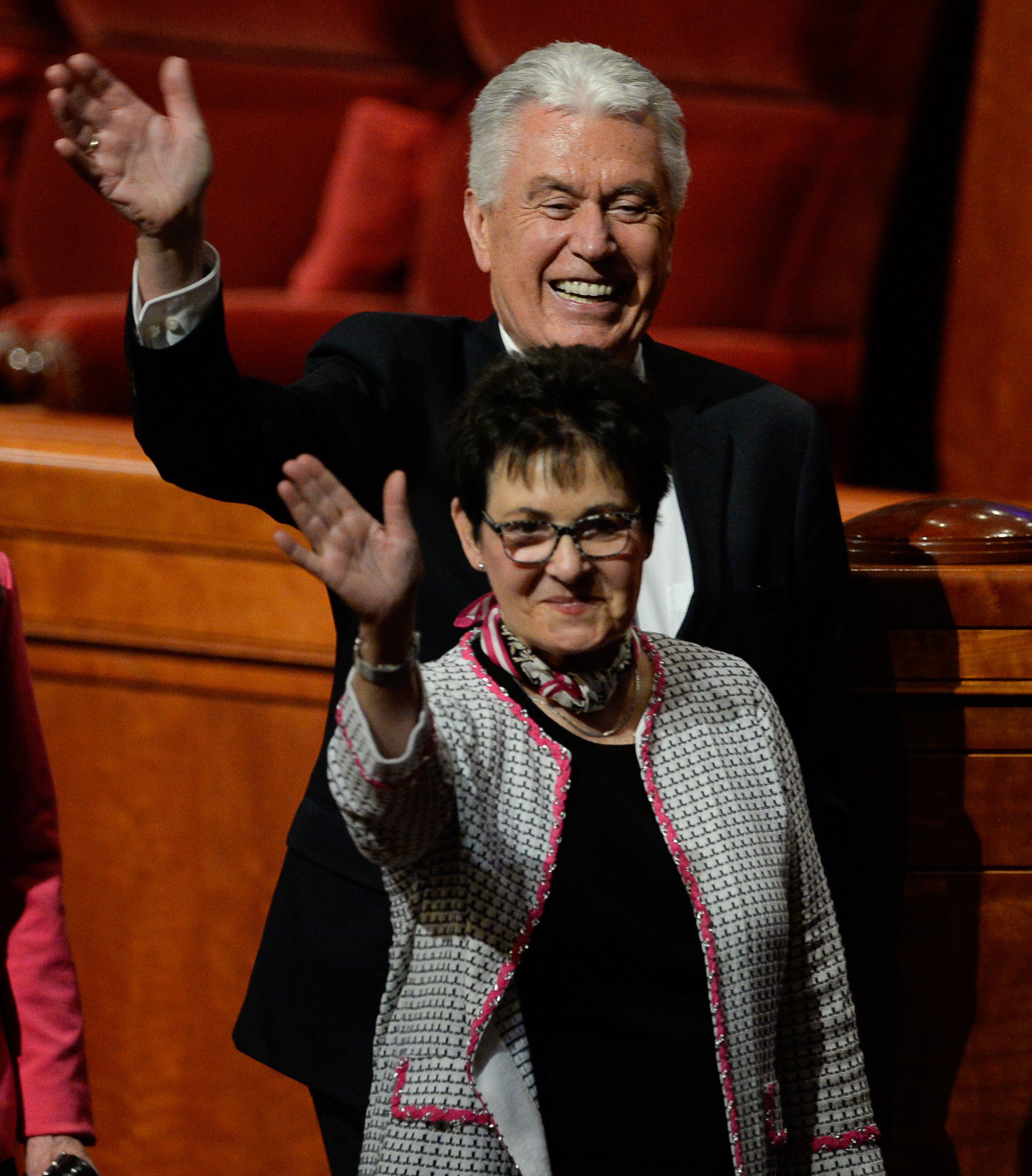 (Francisco Kjolseth | The Salt Lake Tribune) Elder Dieter F. Uchtdorf,of the Quorum of the Twelve Apostles is joined by his wife Sister Harriet Uchtdorf at the conclusion of the 189th twice-annual General Conference of The Church of Jesus Christ of Latter-day Saints at the Conference Center in Salt Lake City on Sunday, Oct. 6, 2019.