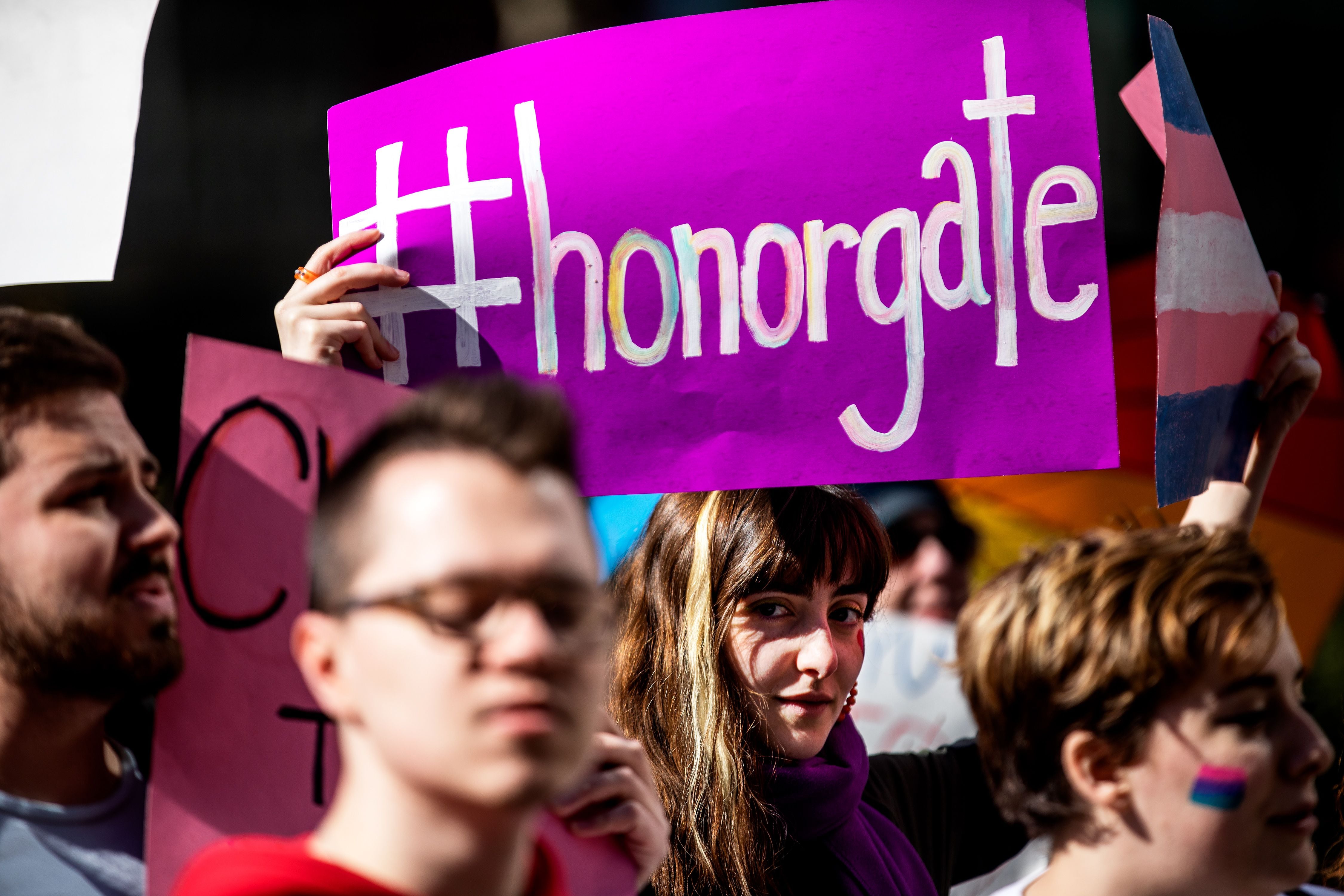 (Demetrius Freeman | for The Salt Lake Tribune) Current and former members of the Church of Jesus Christ of Latter-day Saints, the LGBTQ+ community, and supporters gather at Lincoln square across from the Mormon temple in Manhattan, New York, on March 7, 2020, to stand in solidarity with LGBTQ+ students who attending Brigham Young University. Brigham Young University reinstated homophobic policies in their student handbook that prohibit Òhomosexual behavior.Ó