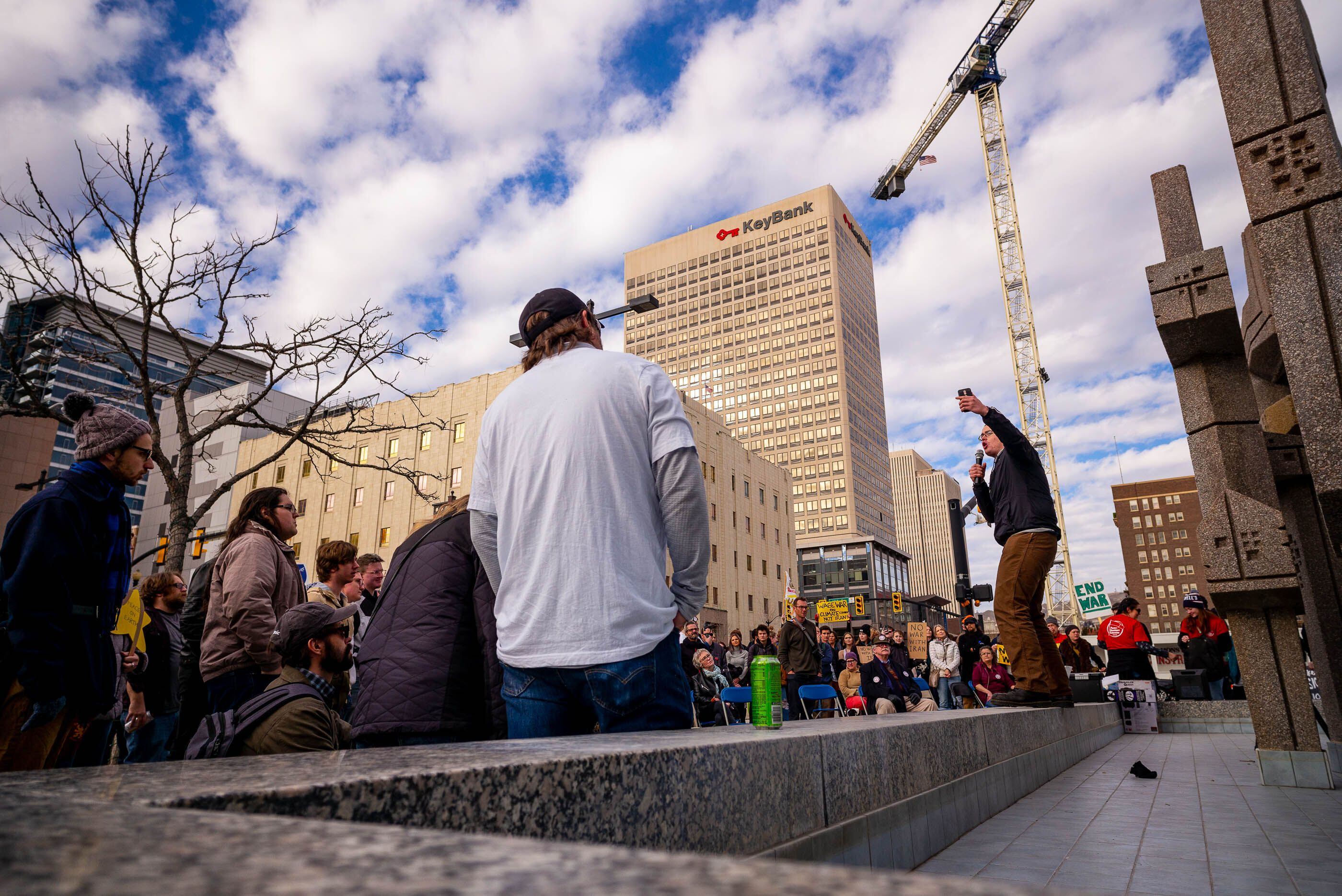 (Trent Nelson | The Salt Lake Tribune) Ian Decker speaks as people gather in front of the Federal Building in Salt Lake City on Saturday, Jan. 4, 2020 to protest the escalation of tensions with Iran.