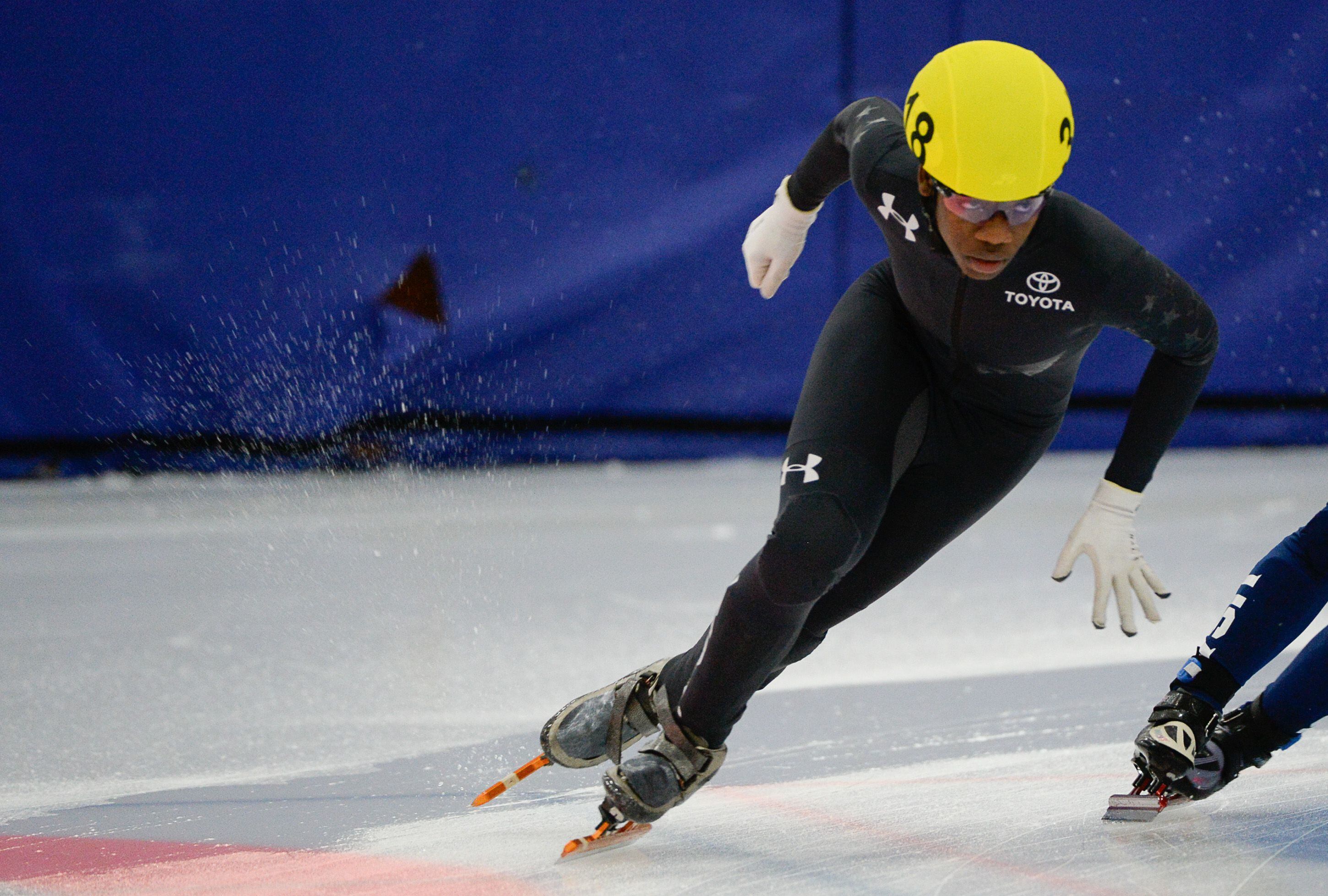 (Francisco Kjolseth | The Salt Lake Tribune) Maame Biney competes in the 2000 meter mixed semifinal relay race as part of the U.S. Short Track Speedskating championships on Friday, Jan. 3, 2020, at the Utah Olympic Oval in Kearns.