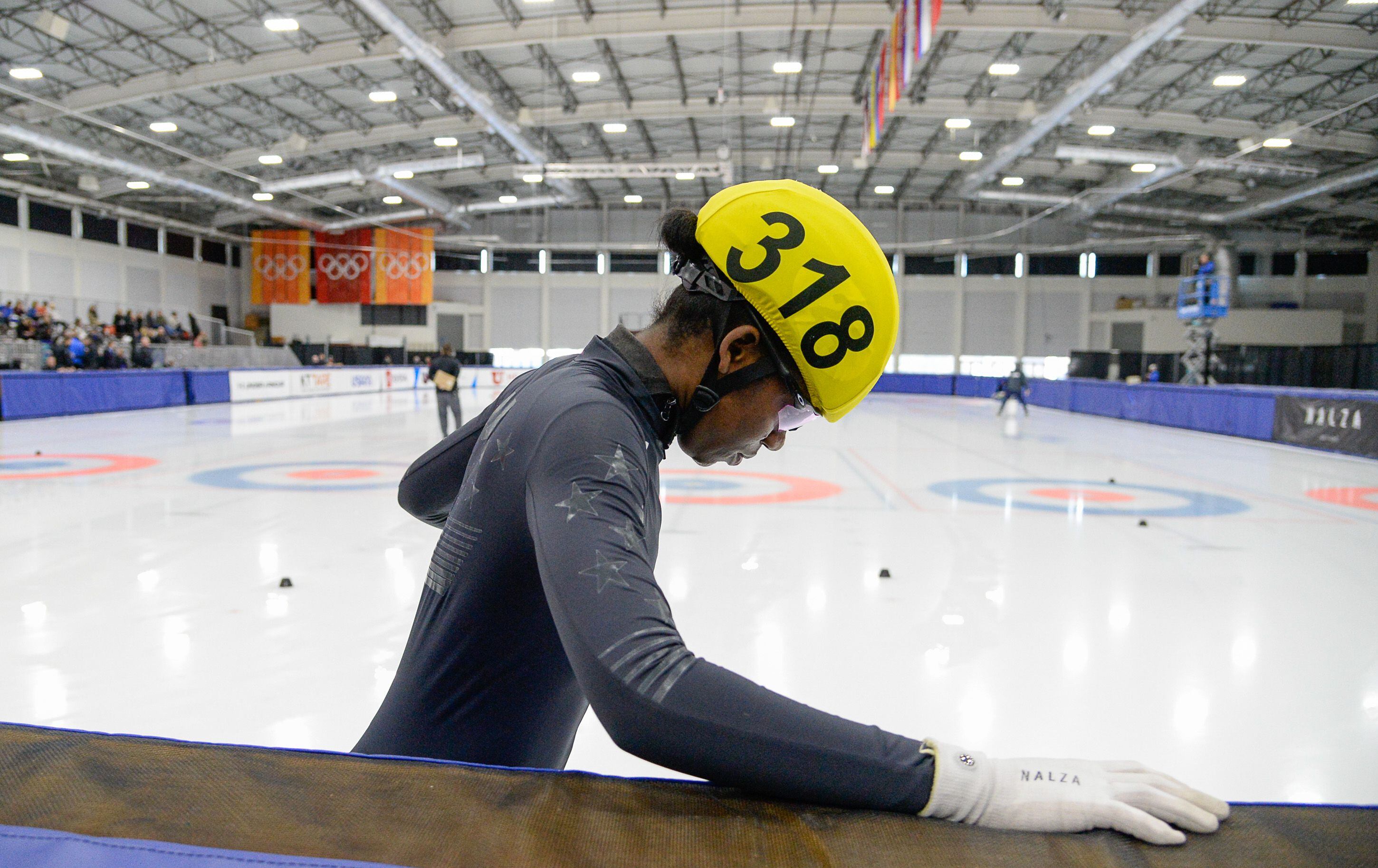 (Francisco Kjolseth | The Salt Lake Tribune) Maame Biney hits the ice prior to a 2000 meter mixed semifinal relay race as part of the U.S. Short Track Speedskating championships on Friday, Jan. 3, 2020, at the Utah Olympic Oval in Kearns.