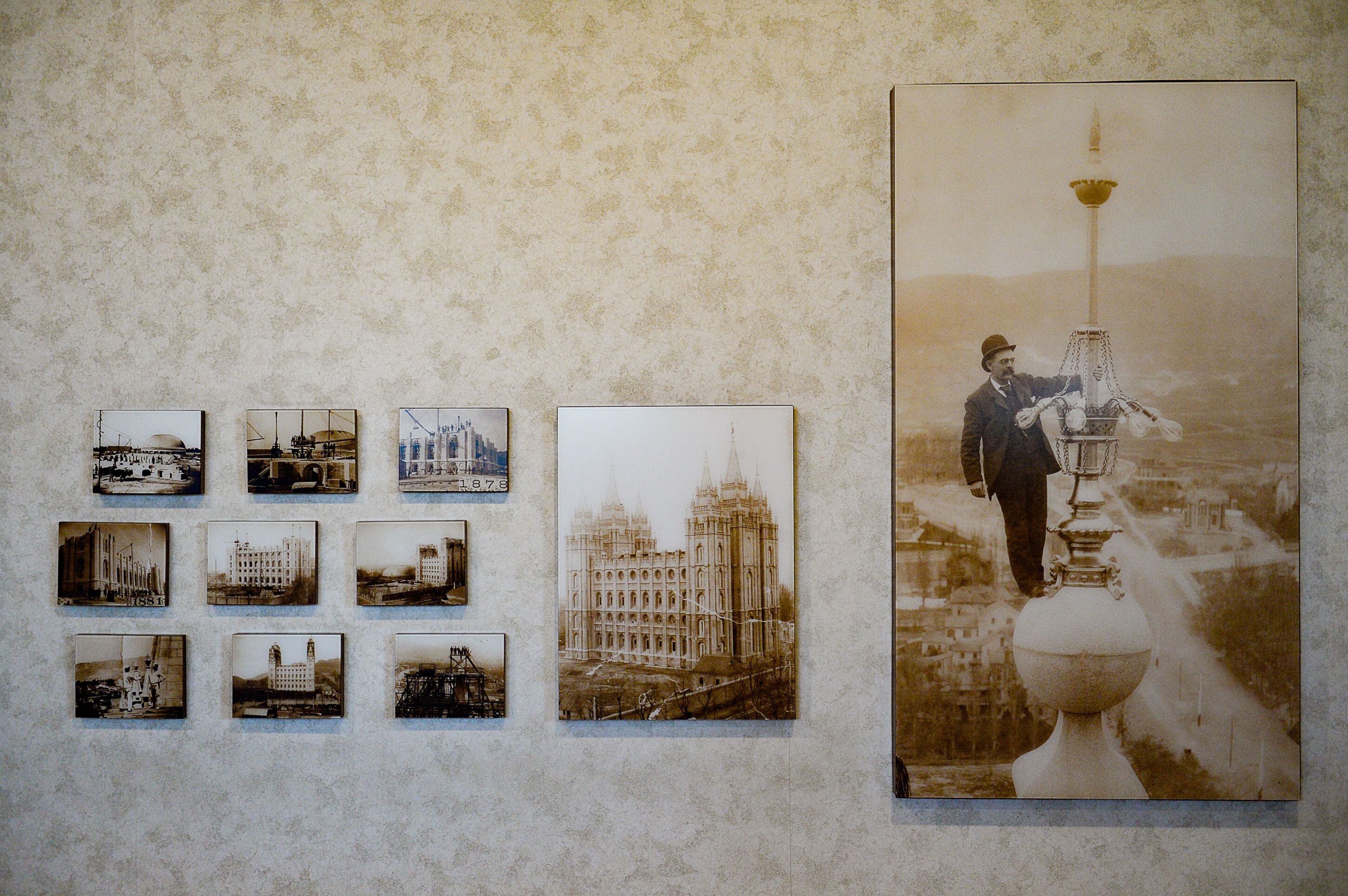 (Francisco Kjolseth | The Salt Lake Tribune) Historic photographs of the construction of the temple in Salt Lake City are displayed at the temple square south visitors center on Wed. Dec. 4, 2019. Representatives from The Church of Jesus Christ of Latter-day Saints gave insights into plans for extensive temple renovations set to close the temple Dec. 29, 2019, through 2024. Parts of the Temple Square Plaza are also set to be renovated.