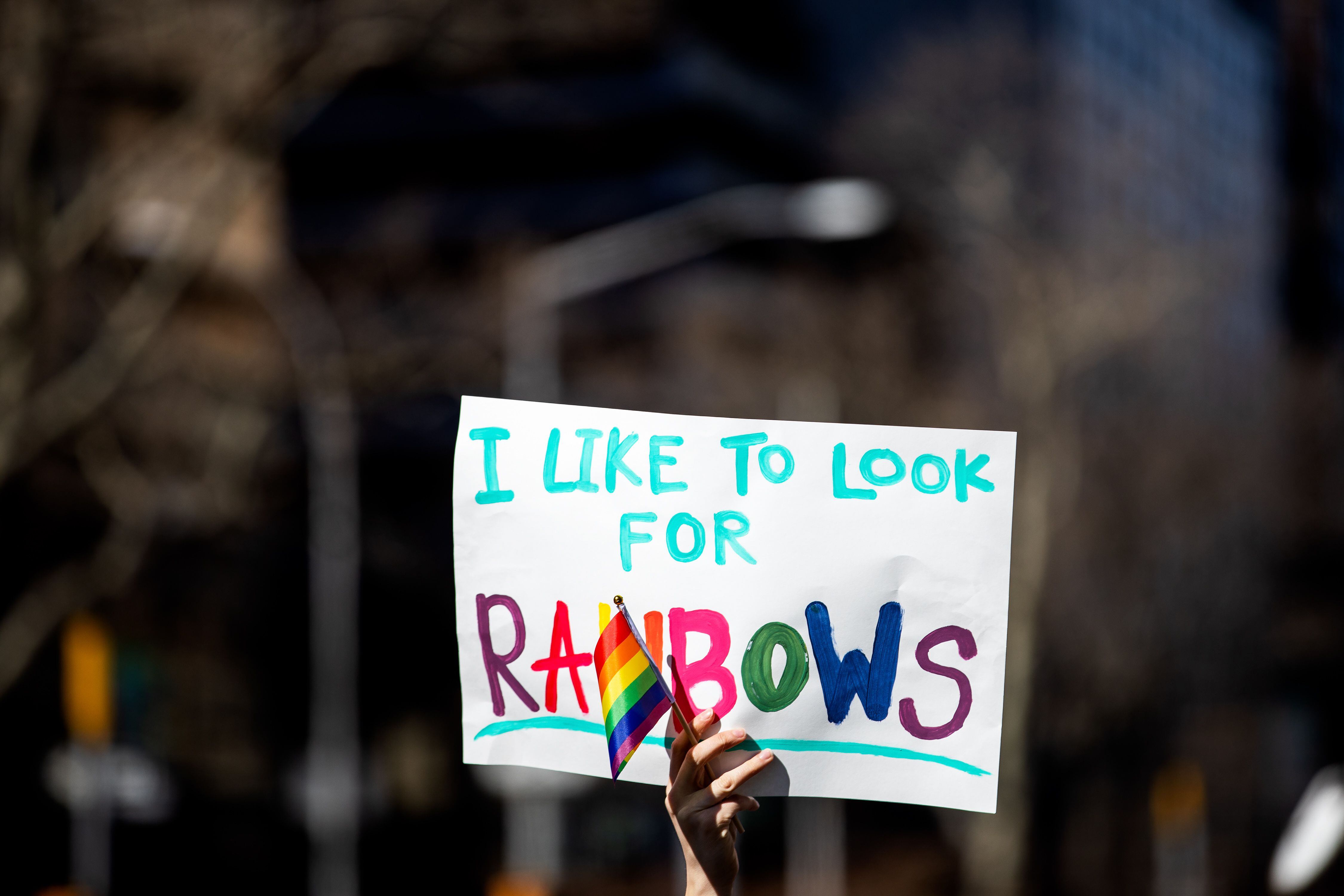 (Demetrius Freeman | for The Salt Lake Tribune) Current and former members of the Church of Jesus Christ of Latter-day Saints, the LGBTQ+ community, and supporters gather at Lincoln square across from the Mormon temple in Manhattan, New York, on March 7, 2020, to stand in solidarity with LGBTQ+ students who attending Brigham Young University. Brigham Young University reinstated homophobic policies in their student handbook that prohibit Òhomosexual behavior.Ó