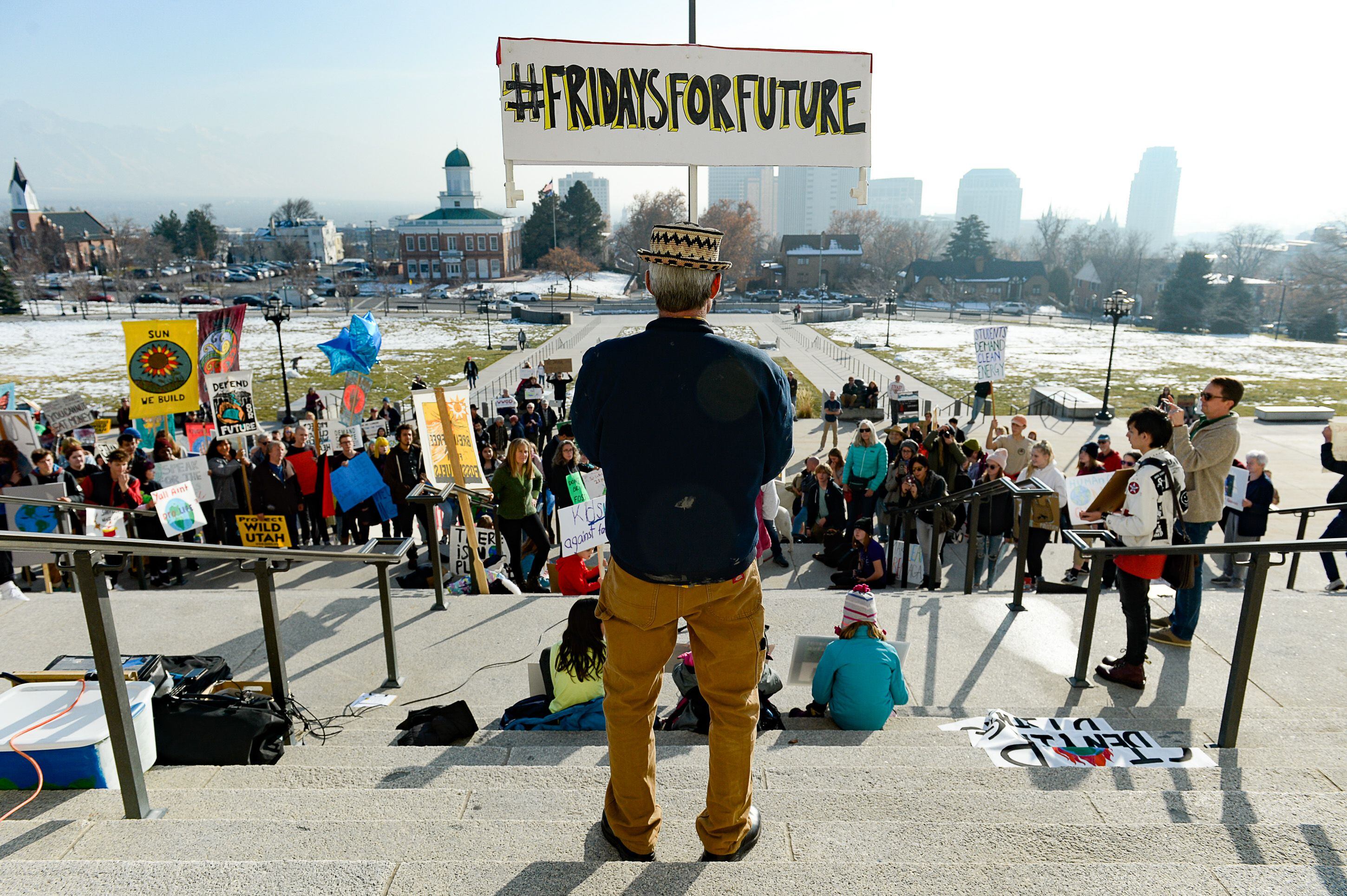 (Francisco Kjolseth | The Salt Lake Tribune) Kevin Leecaster with Fridays For Future, Utah Youth Environmental Solutions, and other partners strike for climate action and in opposition to UtahÕs final oil and gas lease sale of 2019 that will auction off public lands and further fossil fuel development during a rally on the steps of the Utah Capitol on Friday, Dec. 6, 2019.