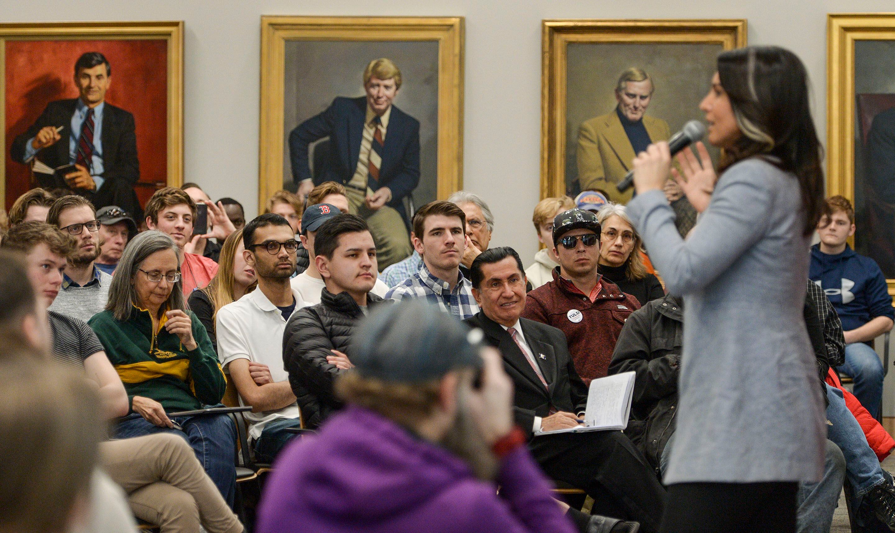 (Leah Hogsten | The Salt Lake Tribune) Tulsi Gabbard, U.S. Representative for Hawaii' and Democratic presidential candidate, delivers her stump speech at a "meet the candidate" event at the University of Utah's Hinckley Institute of Politics, Feb. 21, 2020.