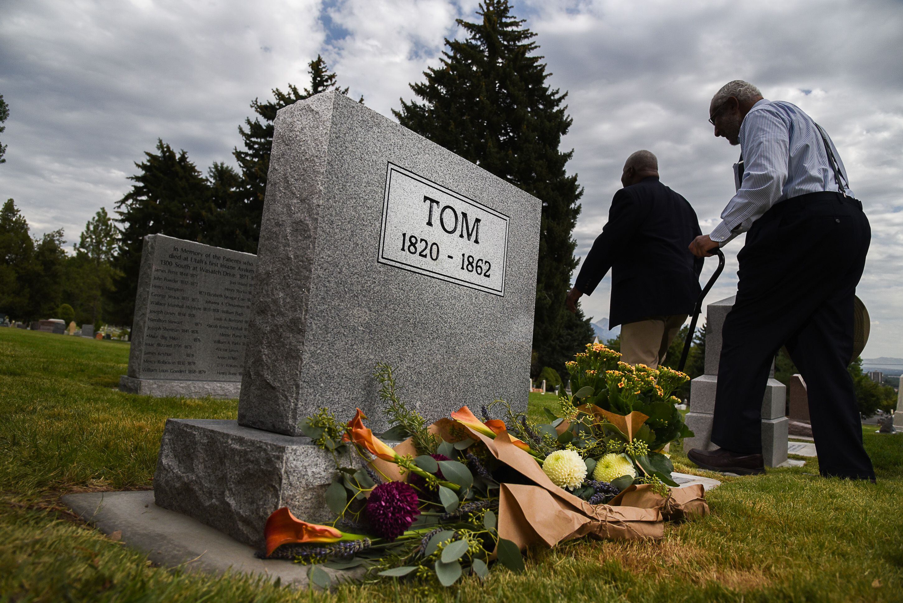 (Francisco Kjolseth | The Salt Lake Tribune) In conjunction with the 400th anniversary of the arrival of African slaves in the United States, Salt Lake City dedicated the first grave marker for Tom, an enslaved Black pioneer who was buried in the Salt Lake City Cemetery in 1862. The placement and dedication of the marker on Thursday, Aug. 22, 2019, is the result of research initially conducted by Mark Smith, the former sexton of the Cemetery.