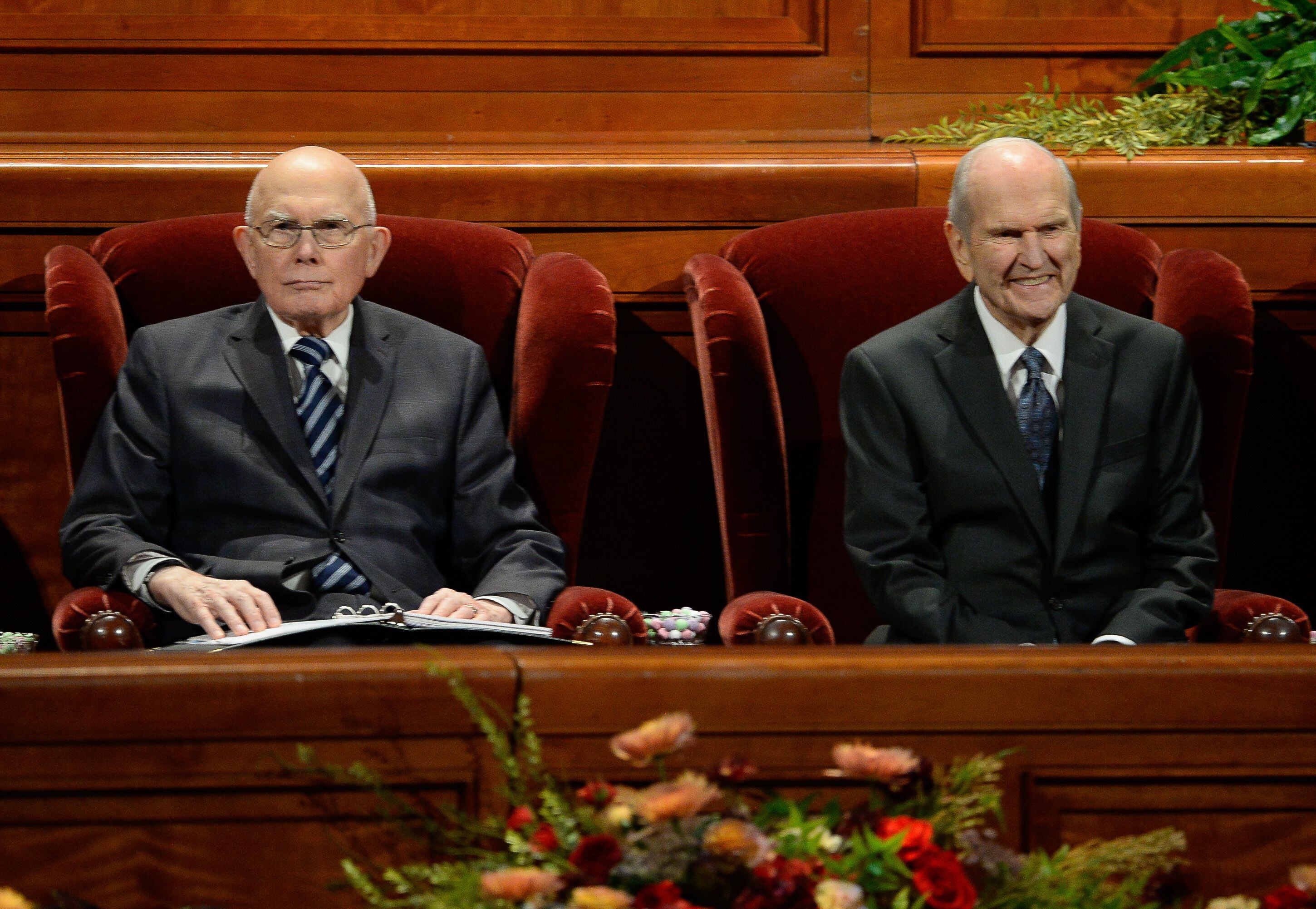 (Francisco Kjolseth | The Salt Lake Tribune) President Dallin H. Oaks, first counselor in the First Presidency of The Church of Jesus Christ of Latter-day Saints, left, joins President Russell M. Nelson for the start of the Sunday afternoon session of the 189th twice-annual General Conference of The Church of Jesus Christ of Latter-day Saints at the Conference Center in Salt Lake City on Sunday, Oct. 6, 2019.