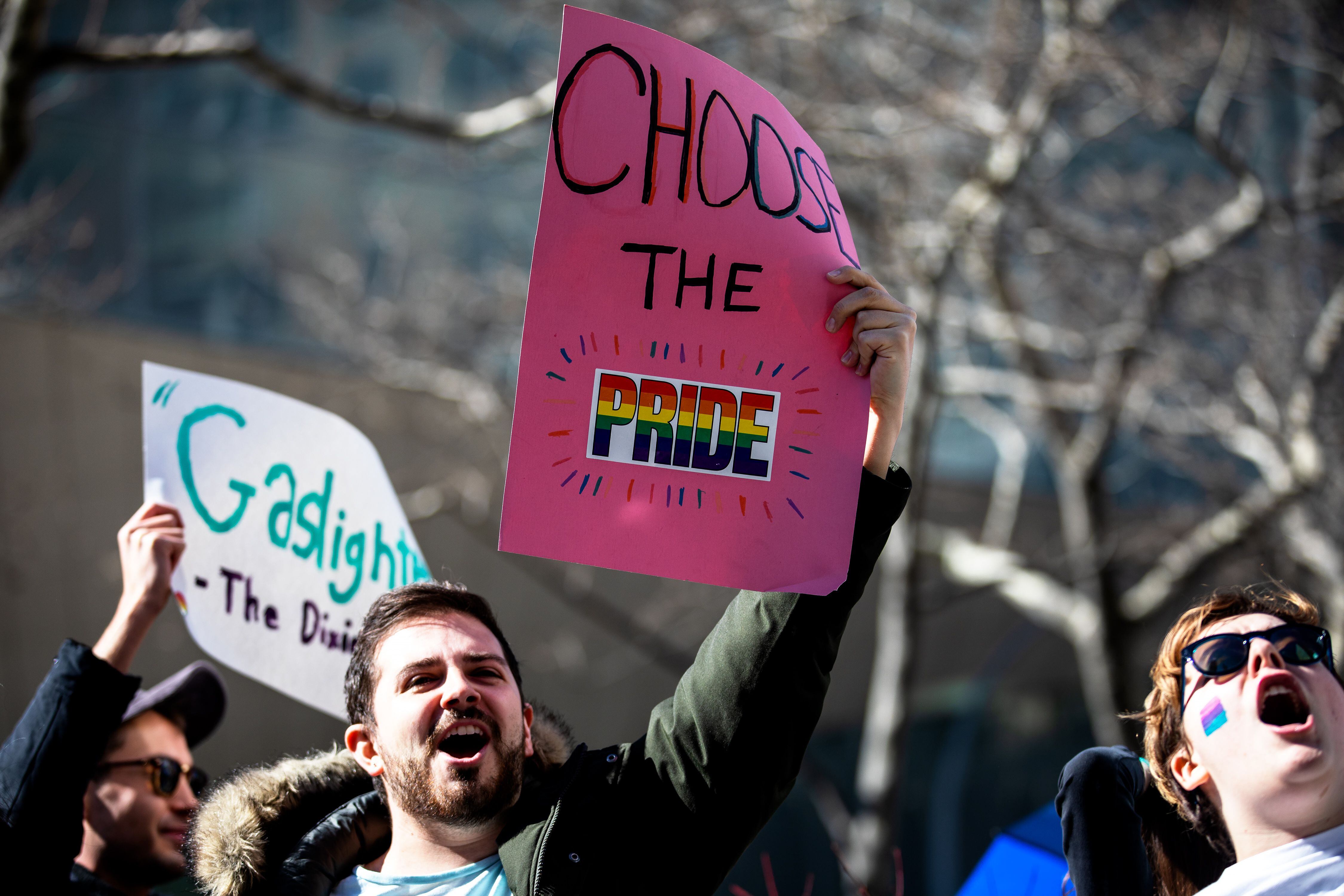 (Demetrius Freeman | for The Salt Lake Tribune) Current and former members of the Church of Jesus Christ of Latter-day Saints, the LGBTQ+ community, and supporters gather at Lincoln square across from the Mormon temple in Manhattan, New York, on March 7, 2020, to stand in solidarity with LGBTQ+ students who attending Brigham Young University. Brigham Young University reinstated homophobic policies in their student handbook that prohibit Òhomosexual behavior.Ó