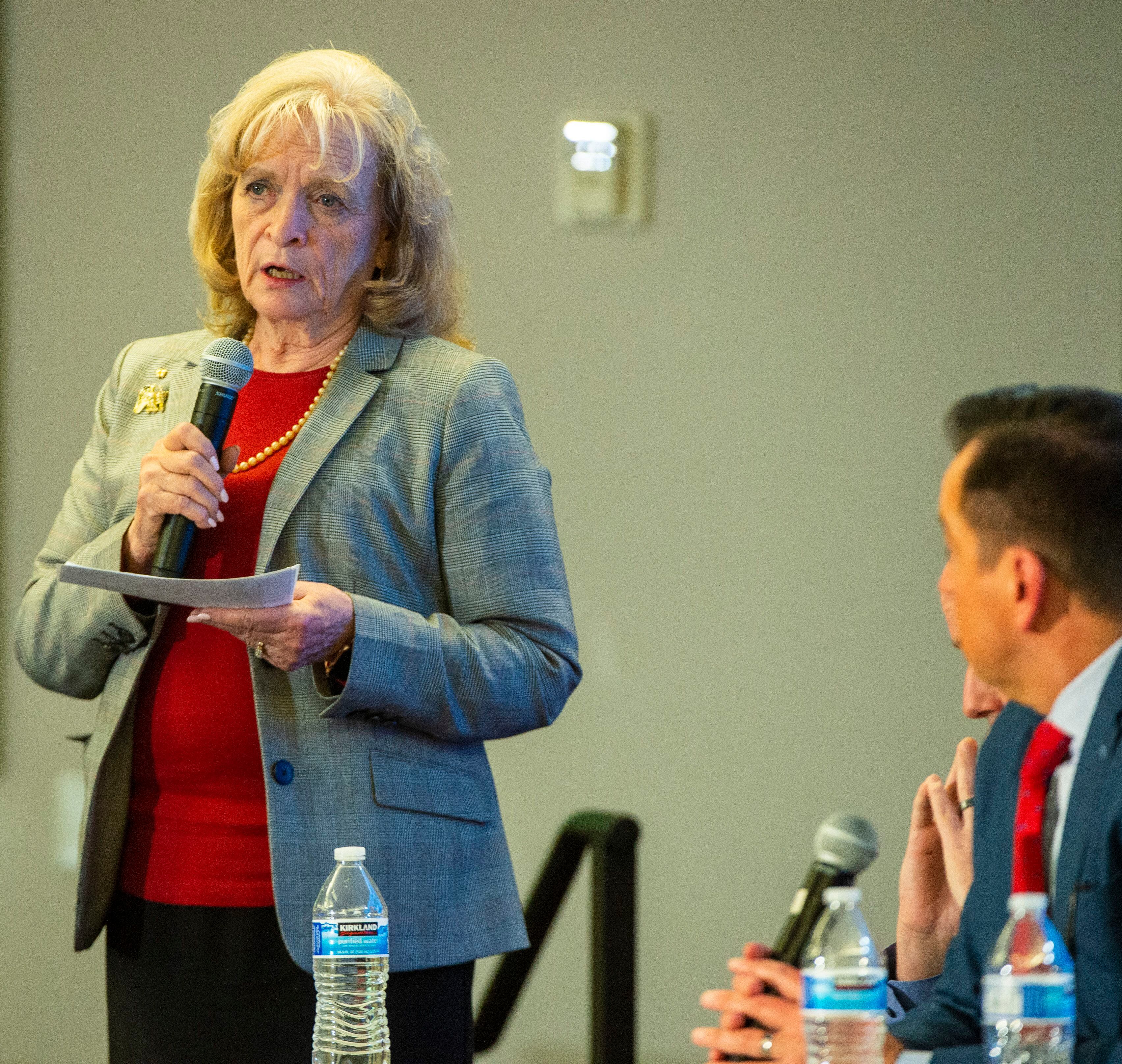 (Rick Egan | The Salt Lake Tribune) Gayle Ruzicka asks a question during a Panel of Gubernatorial Candidates, at the annual Utah Eagle Forum Convention, in Sandy, Saturday, Jan. 11, 2020.