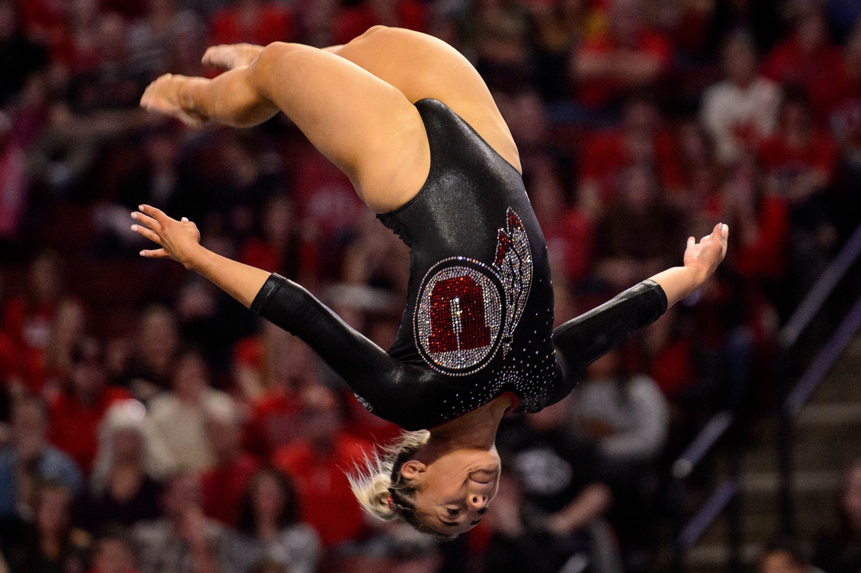 (Trent Nelson | The Salt Lake Tribune) Utah's Sydney Soloski on the floor at the Best of Utah NCAA Gymnastics Meet in West Valley City on Saturday, Jan. 11, 2020.