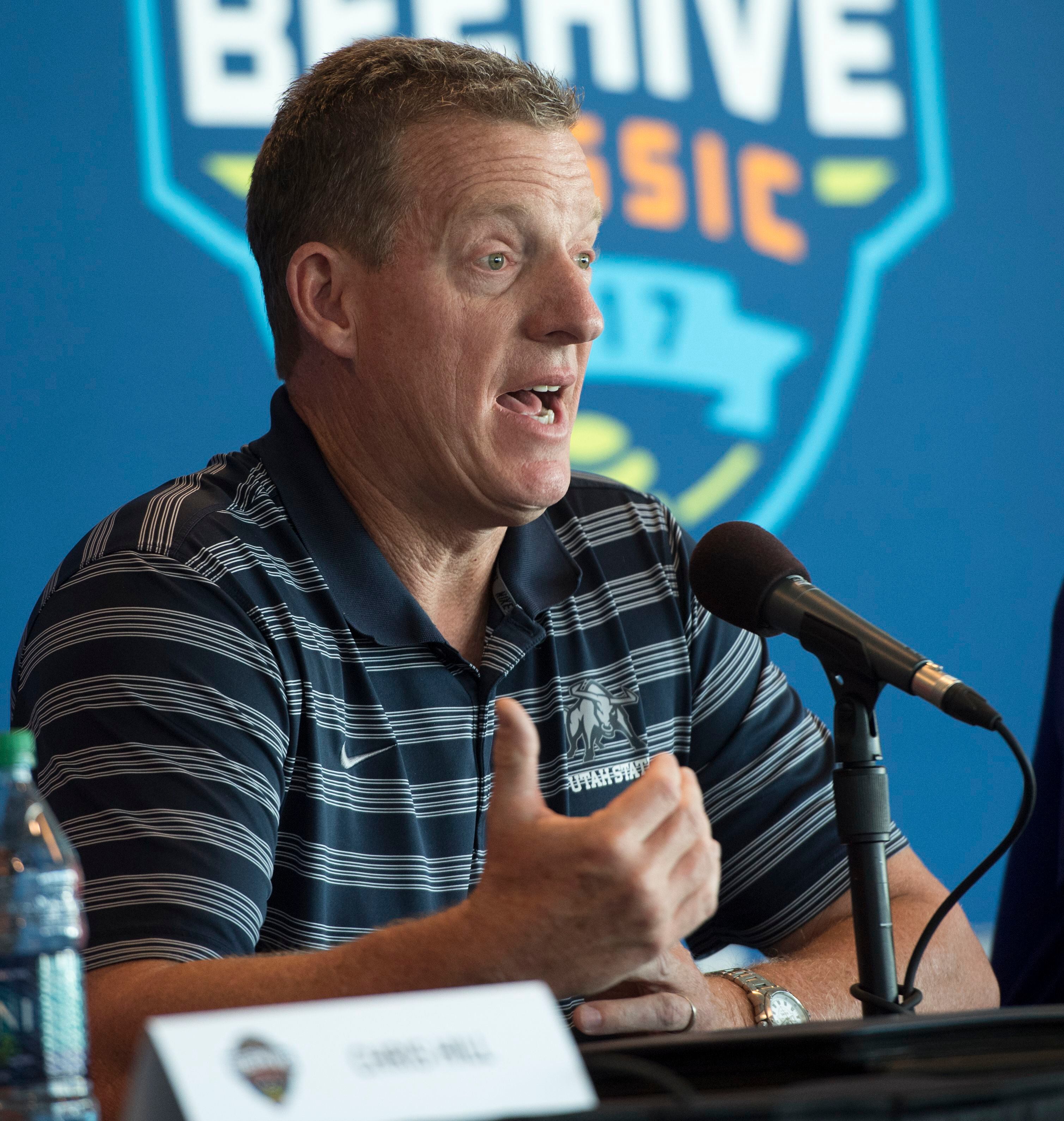 (Rick Egan | The Salt Lake Tribune) John Hartwell, Athletic Director, Utah State University talks about the new menÕs college basketball showcase featuring BYU, Utah, USU, and Weber State, at Vivint Smart Home Arena, Thursday, July 21, 2016.