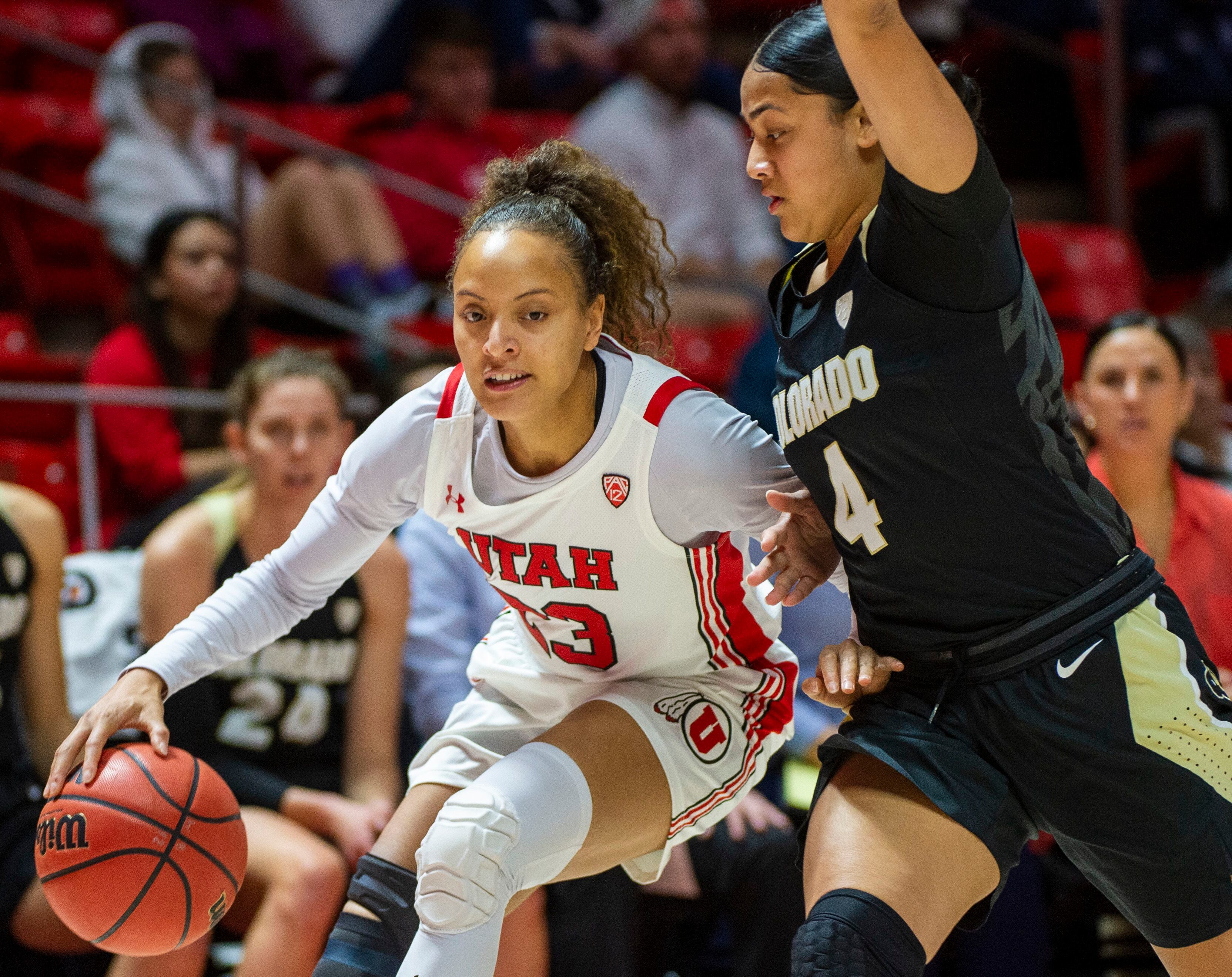 (Rick Egan | The Salt Lake Tribune) Utah guard Daneesha Provo (23) works the ball inside, in PAC-12 basketball action between the Utah Utes and the Colorado Buffaloes, at the Jon M. Huntsman Center, Sunday, Nov. 29, 2019.