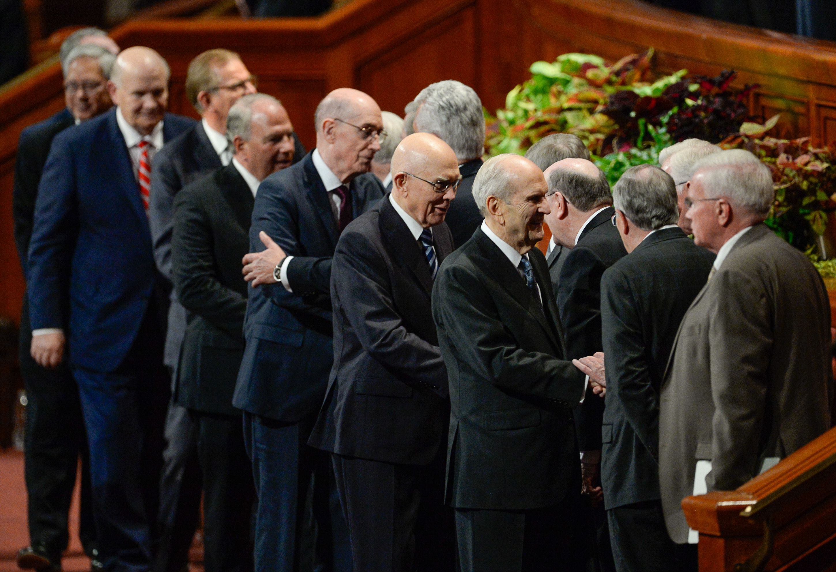 (Francisco Kjolseth | The Salt Lake Tribune) President Russell M. Nelson, center right, along with the rest of church leadership exit following the conclusion of the 189th twice-annual General Conference of The Church of Jesus Christ of Latter-day Saints at the Conference Center in Salt Lake City on Sunday, Oct. 6, 2019.