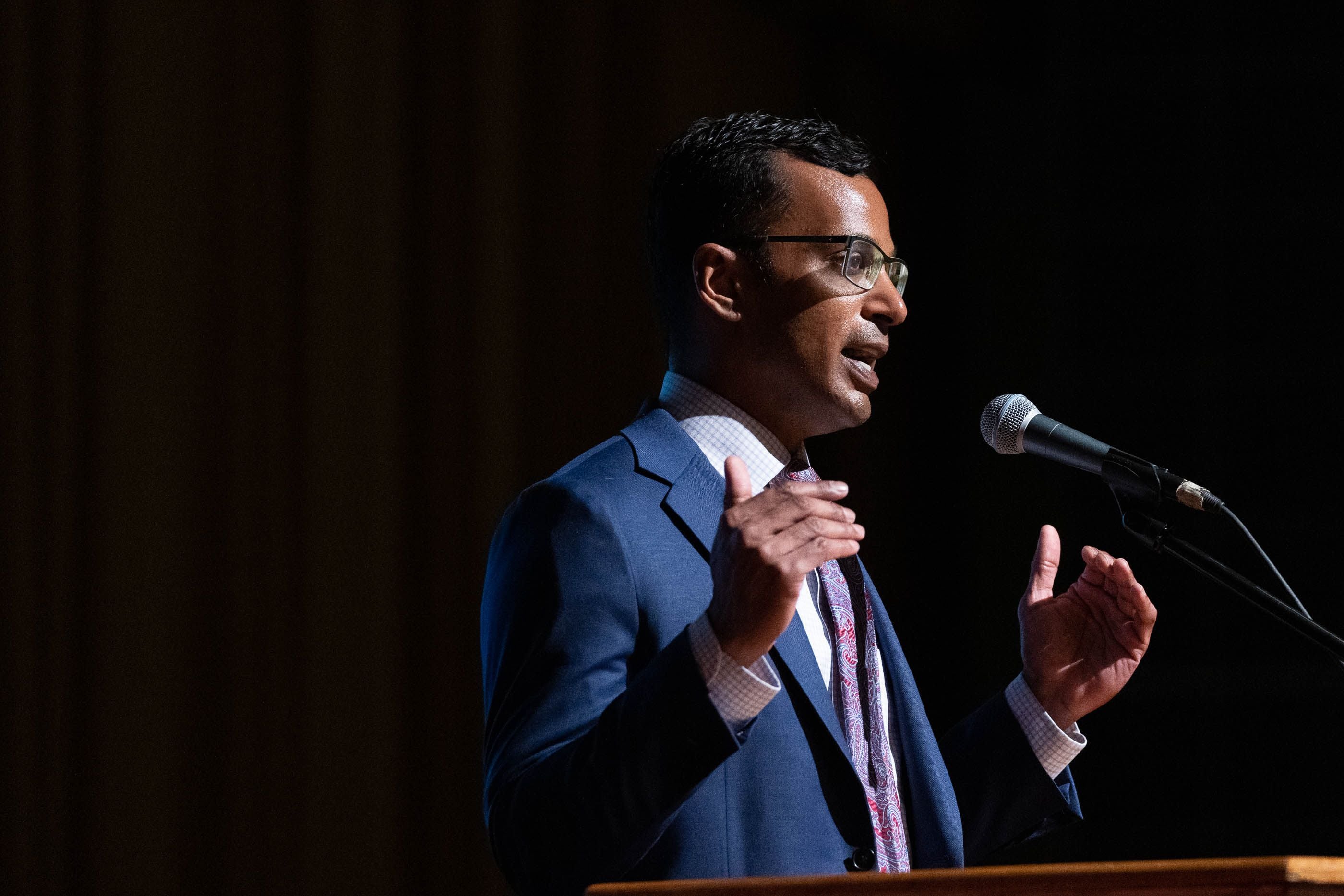 Francisco Kjolseth | The Salt Lake Tribune) Goud Maragani, running for Salt Lake County clerk, gets three minutes to address the delegates before they cast their vote at the Salt Lake County Republican convention at Kearns High School on Saturday, April 9, 2022.