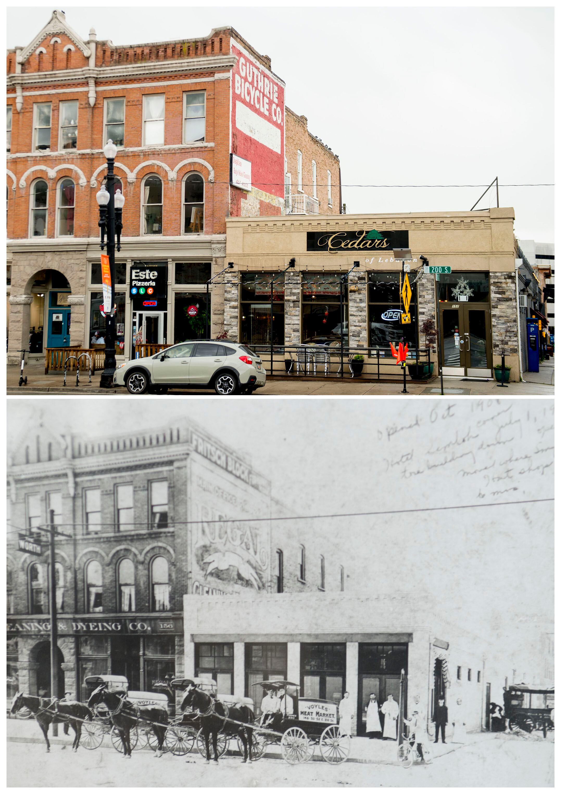 (Jeremy Harmon | The Salt Lake Tribune) Cedars of Lebanon restaurant on Friday, May 24, 2019, above, and when it was Vole's Meat market in 1908. The restaurant is closing after 38 years.