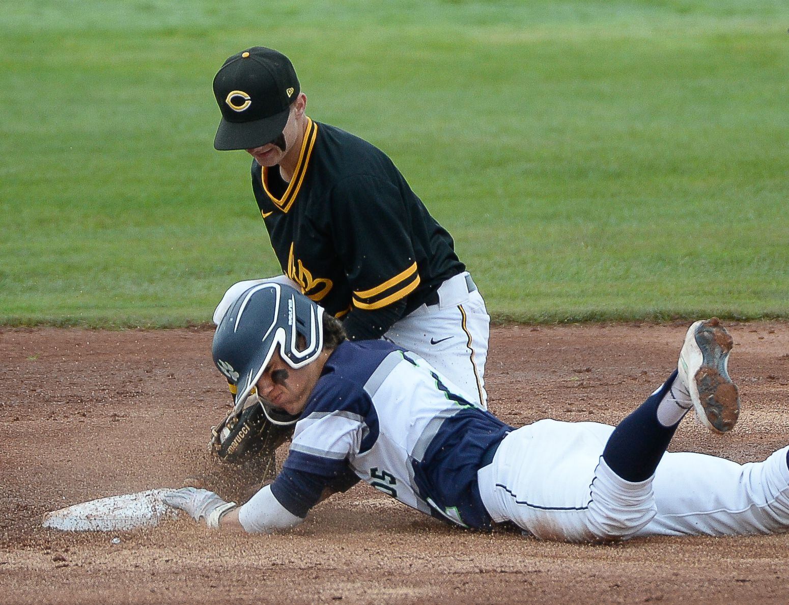 (Francisco Kjolseth | The Salt Lake Tribune) Tyson Heinz of Timpanogos safely steals second base ahead of Cade Perkins of Cottonwood during the 5A baseball championship game at UCCU Stadium on the UVU campus in Orem, Friday, May 24, 2019.