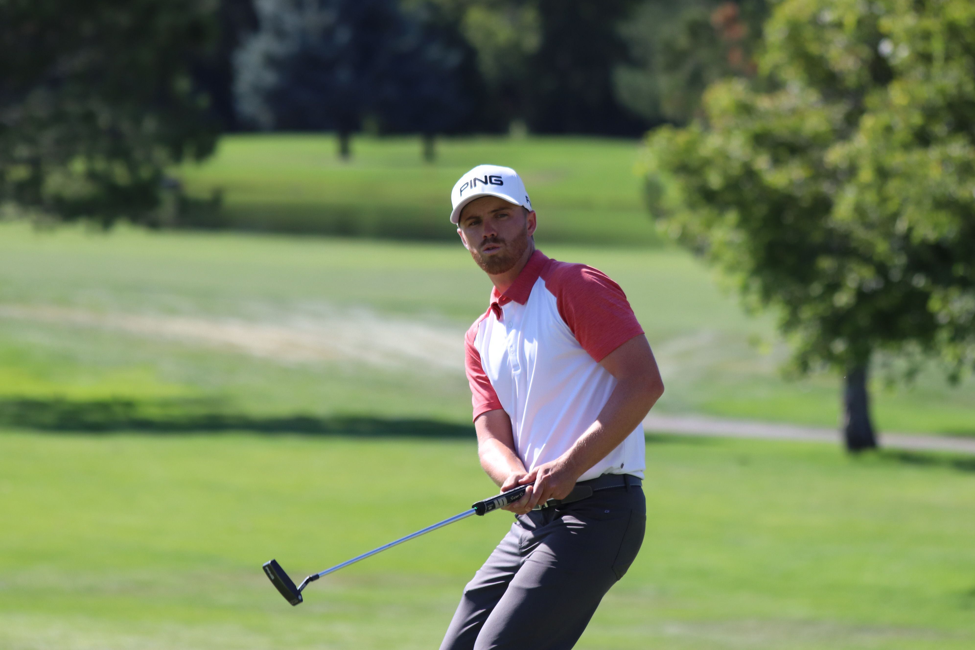 (Photo courtesy of Fairways Media/Jesse Dodson). Samuel Saunders of Albuquerque, N.M., watches putt roll toward the hole Sunday on his way to winning the Siegfried & Jensen Utah Open at Riverside Country Club in Provo.