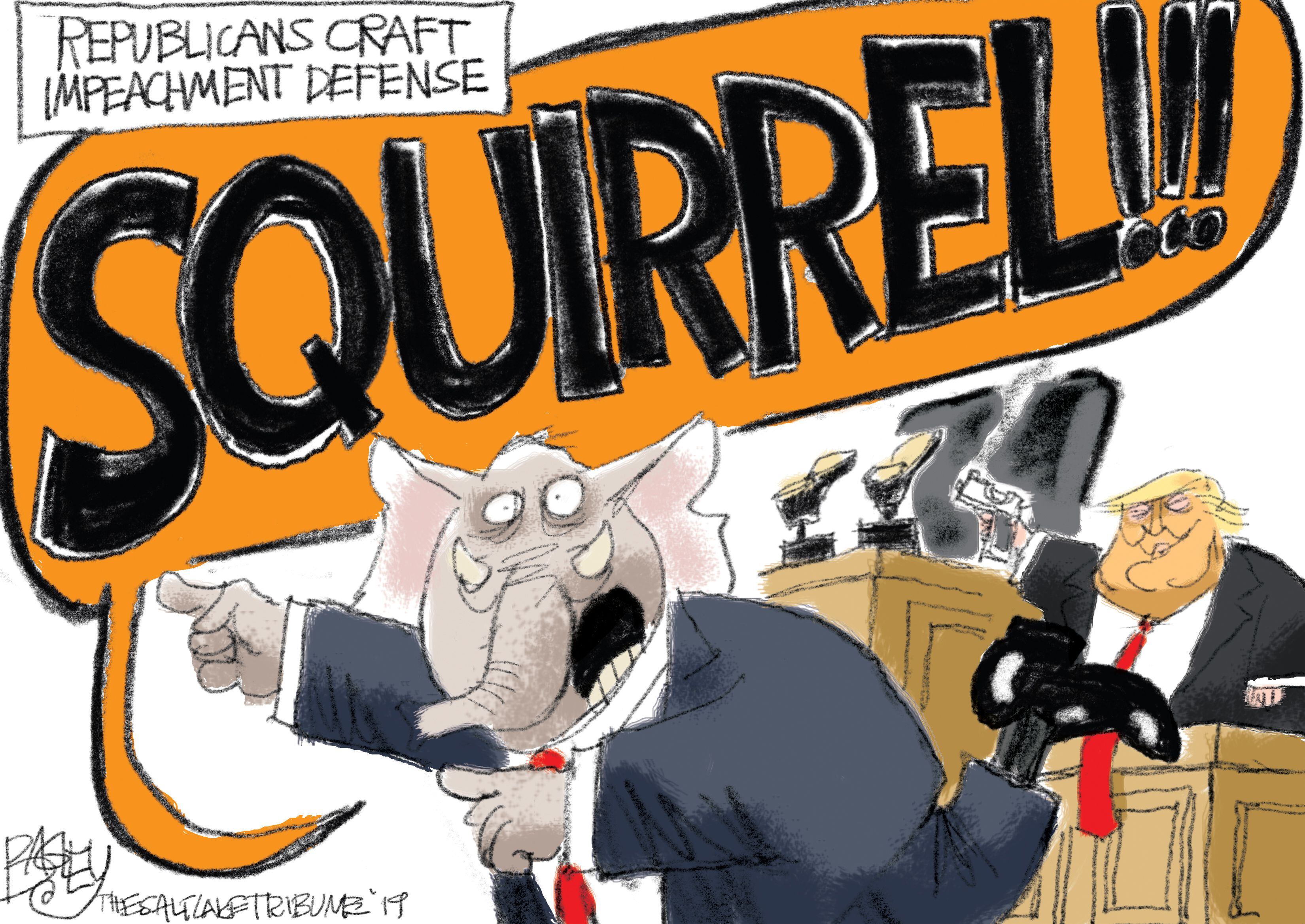 (Pat Bagley | The Salt Lake Tribune) This cartoon, titled "The Trump Defense," appears in The Salt Lake Tribune on Thursday, Nov. 14, 2019.