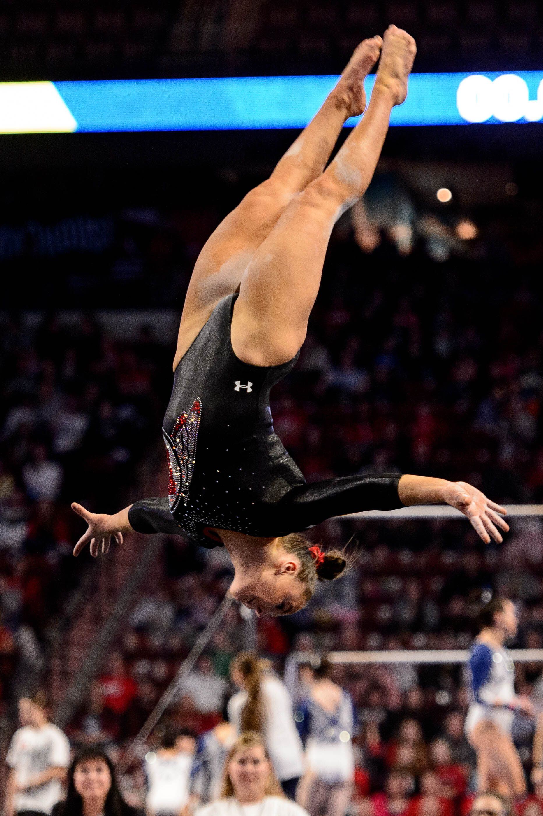 (Trent Nelson | The Salt Lake Tribune) Utah's Maile O'Keefe on the floor at the Best of Utah NCAA Gymnastics Meet in West Valley City on Saturday, Jan. 11, 2020.