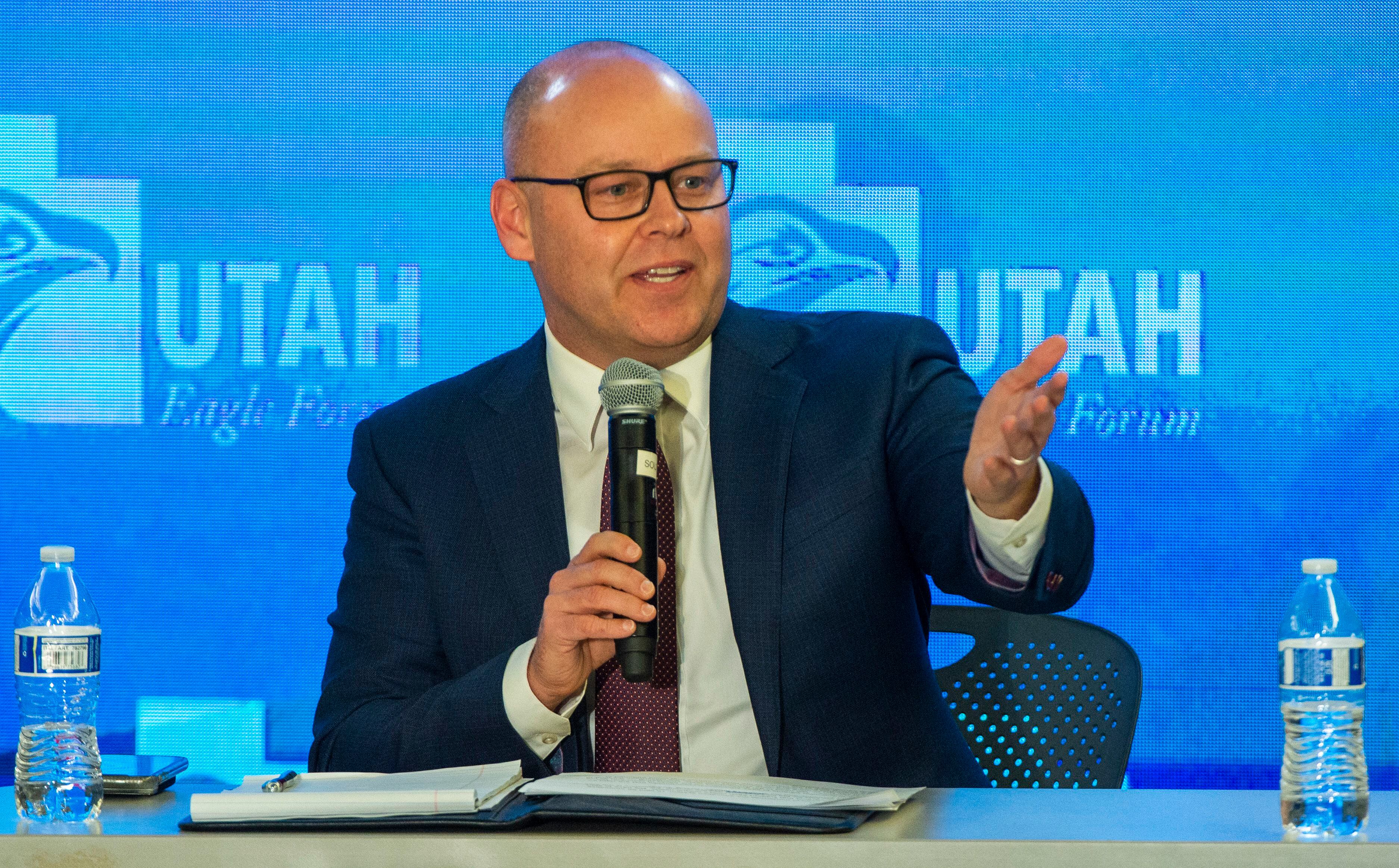 (Rick Egan | The Salt Lake Tribune) Jeff Burningham answers a question during a Panel of Gubernatorial Candidates, at the annual Utah Eagle Forum Convention, in Sandy, Saturday, Jan. 11, 2020.