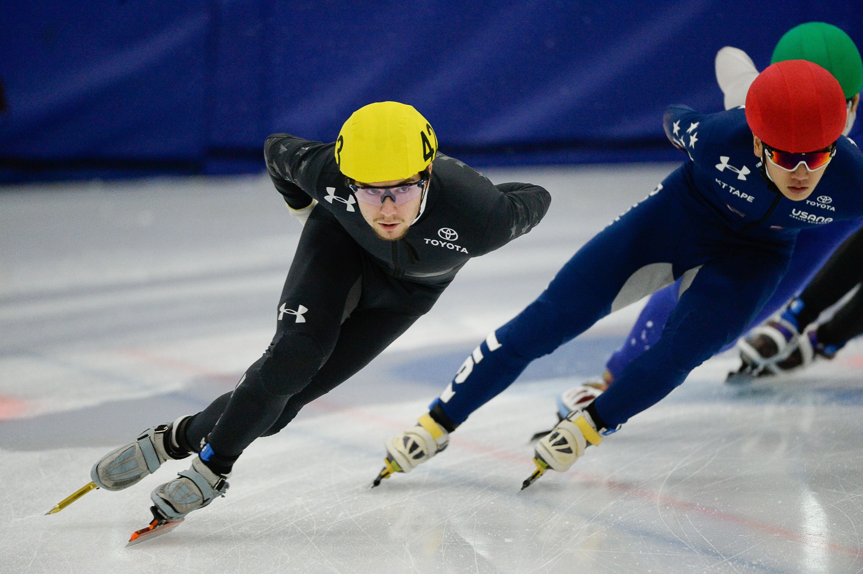 (Francisco Kjolseth | The Salt Lake Tribune) Ryan Pivirotto, left, competes in the 2000 meter mixed semifinal relay race as part of the U.S. Short Track Speedskating championships on Friday, Jan. 3, 2020, at the Utah Olympic Oval in Kearns.