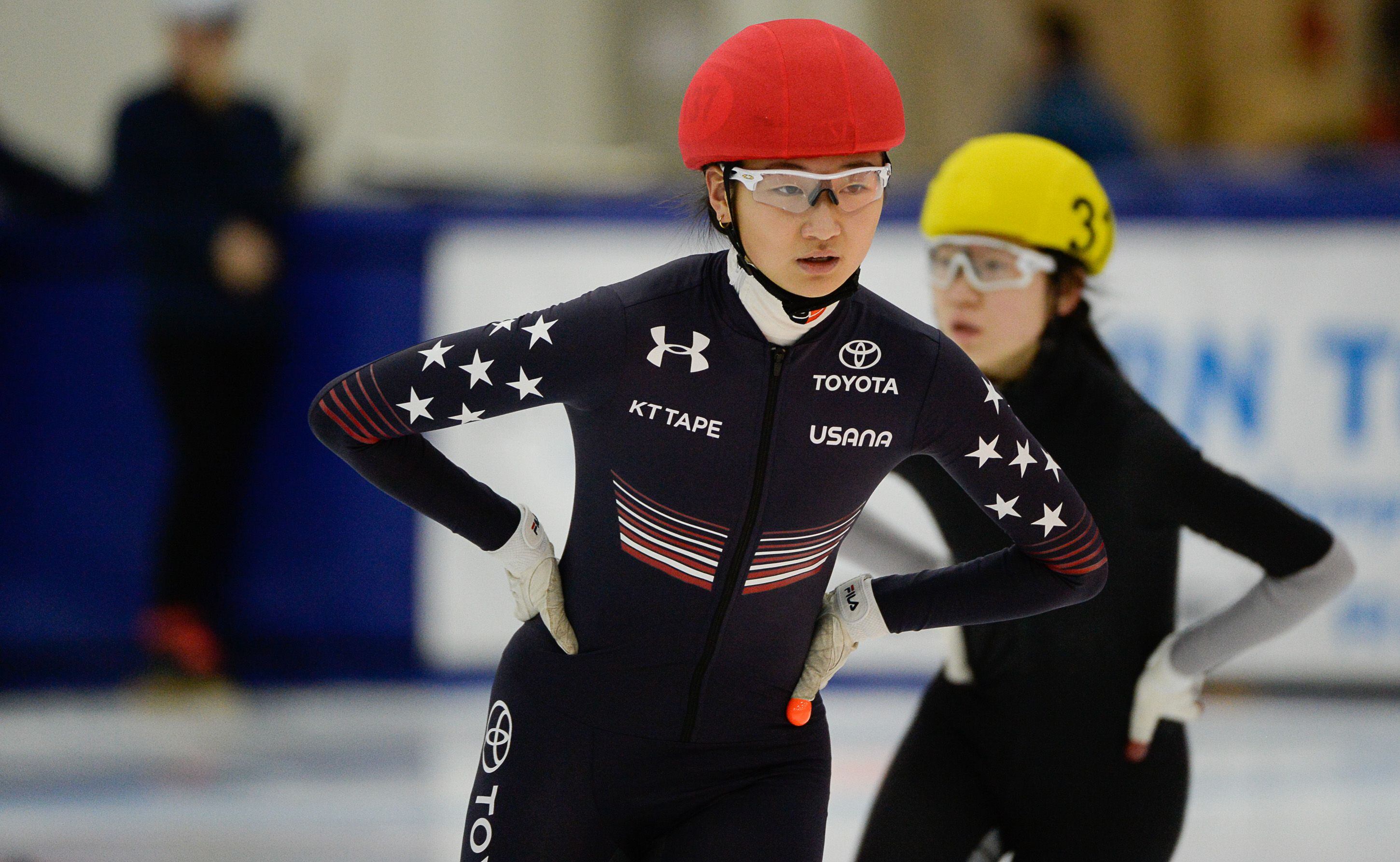 (Francisco Kjolseth | The Salt Lake Tribune) Hailey Choi competes in the 2000 meter mixed semifinal relay race as part of the U.S. Short Track Speedskating championships on Friday, Jan. 3, 2020, at the Utah Olympic Oval in Kearns.