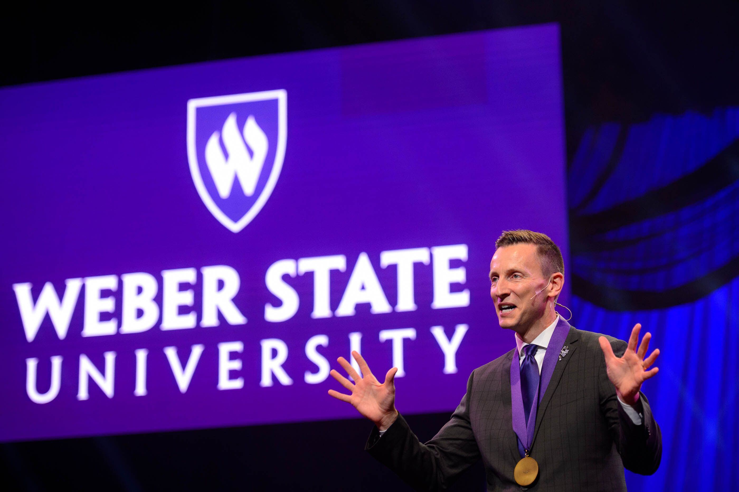 (Trent Nelson | The Salt Lake Tribune) Brad Mortensen speaks at his inauguration as the president of Weber State University in Ogden on Tuesday, Jan. 7, 2020.