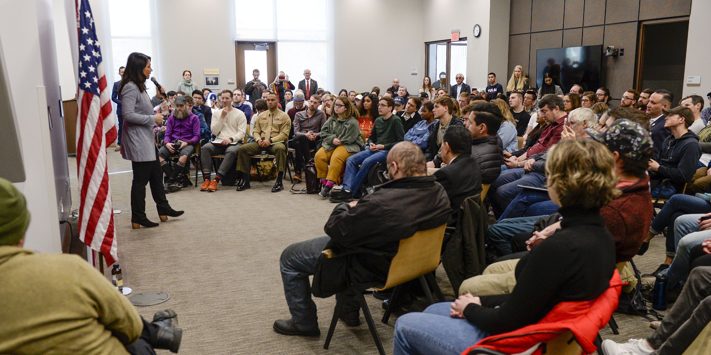 (Leah Hogsten | The Salt Lake Tribune) Tulsi Gabbard, U.S. Representative for Hawaii' and Democratic presidential candidate, delivers her stump speech at a "meet the candidate" event at the University of Utah's Hinckley Institute of Politics, Feb. 21, 2020.