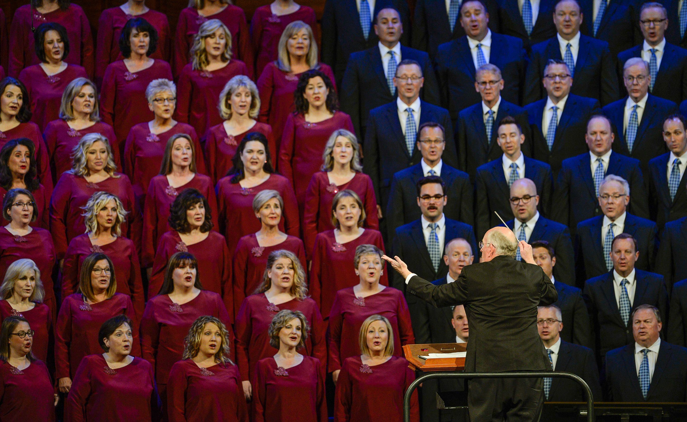 (Francisco Kjolseth | The Salt Lake Tribune) Mack Wilberg conducts the Tabernacle Choir at Temple Square as they open up the morning session during the Church of Jesus Christ of Latter-day Saints' twice-annual church conference Sunday, Oct. 6, 2019, in Salt Lake City.