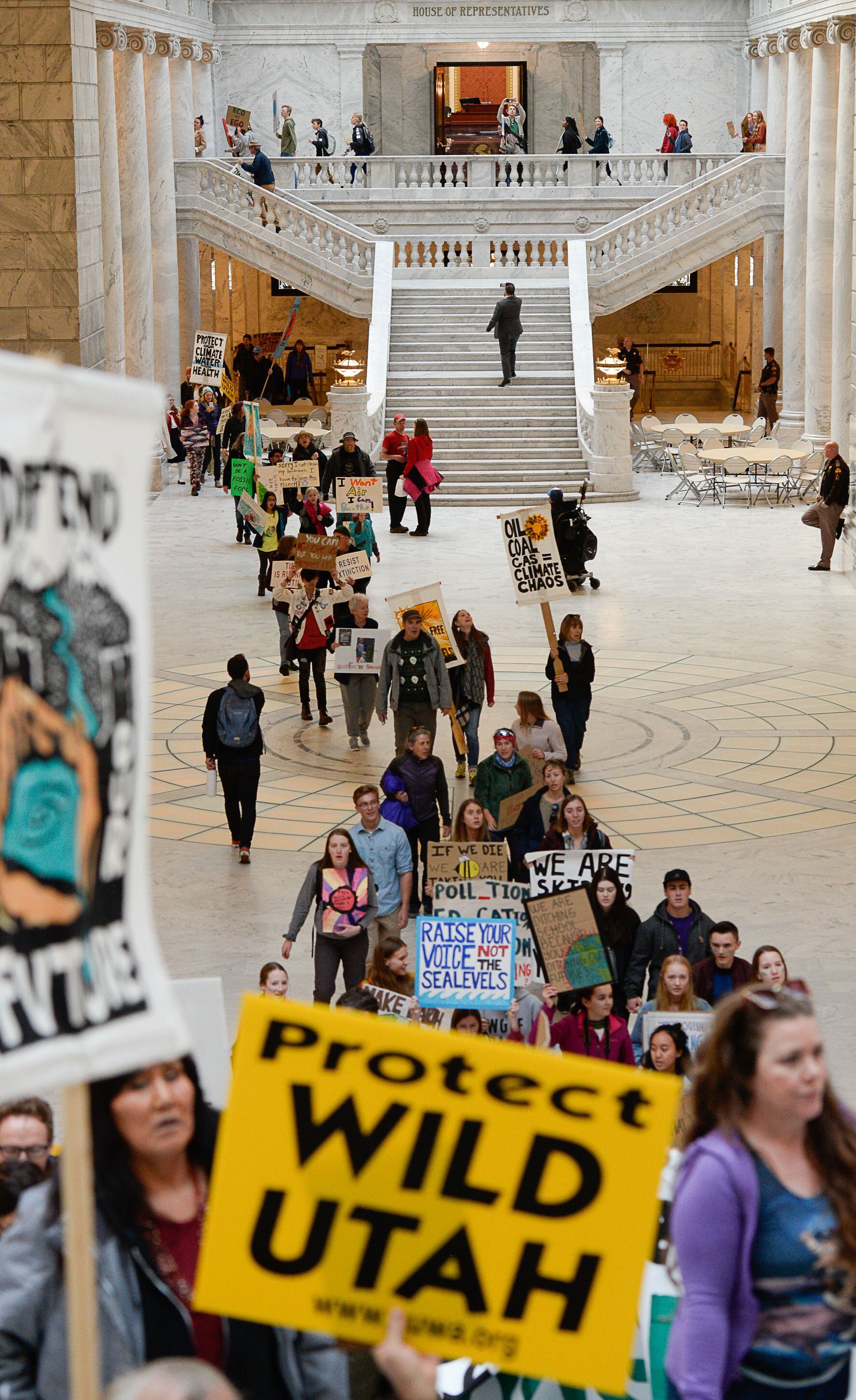 (Francisco Kjolseth | The Salt Lake Tribune) Fridays For Future, Utah Youth Environmental Solutions, and partners strike in opposition to UtahÕs final oil and gas lease sale of 2019 that will auction off public lands and further fossil fuel development during a rally at the Utah Capitol on Friday, Dec. 6, 2019, that moved into the rotunda and concluded outside of Gov. Gary Herberts office.