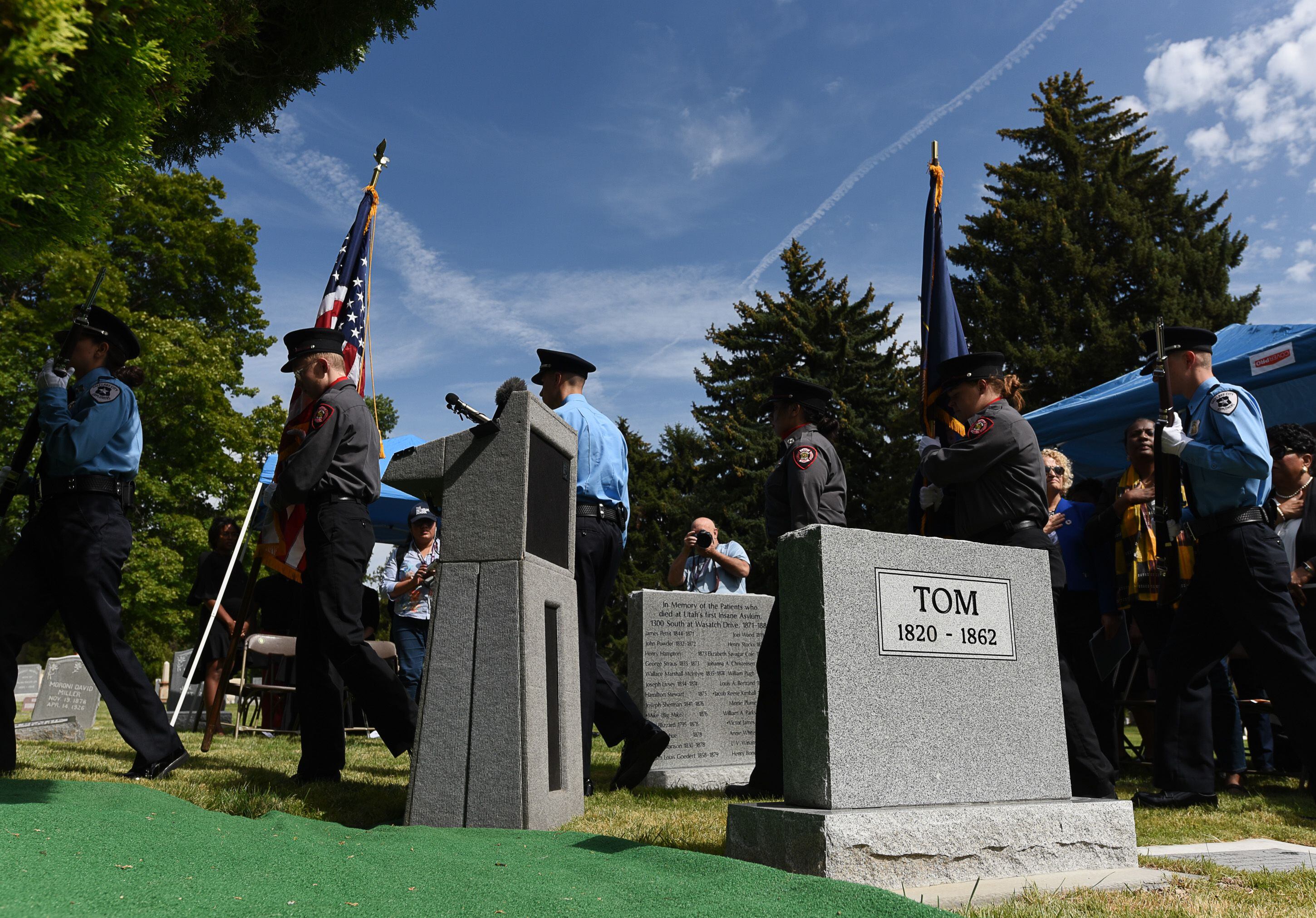 (Francisco Kjolseth | The Salt Lake Tribune) In conjunction with the 400th anniversary of the arrival of African slaves in the United States, Salt Lake City dedicates the first grave marker for Tom, an enslaved Black pioneer who was buried in the Salt Lake City Cemetery in 1862 as the colors are presented at the start of the ceremony on Thursday, Aug. 22, 2019.