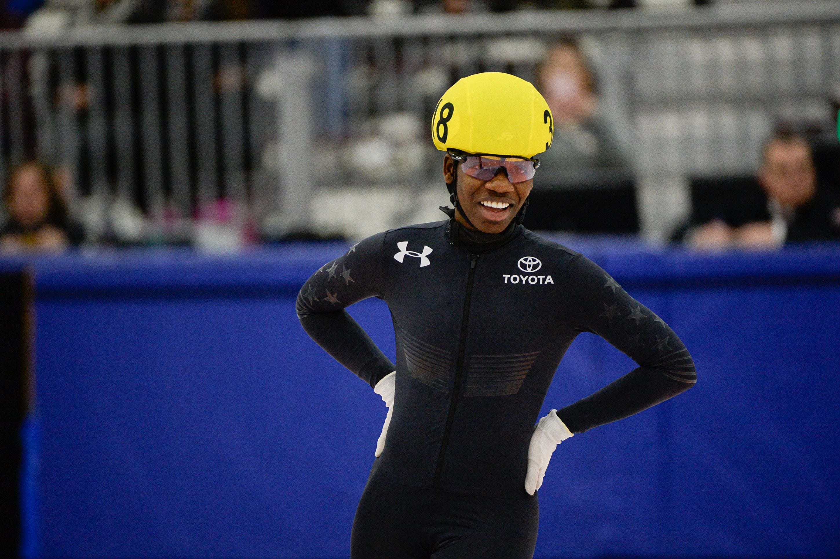 (Francisco Kjolseth | The Salt Lake Tribune) Maame Biney competes in the 2000 meter mixed semifinal relay race as part of the U.S. Short Track Speedskating championships on Friday, Jan. 3, 2020, at the Utah Olympic Oval in Kearns.