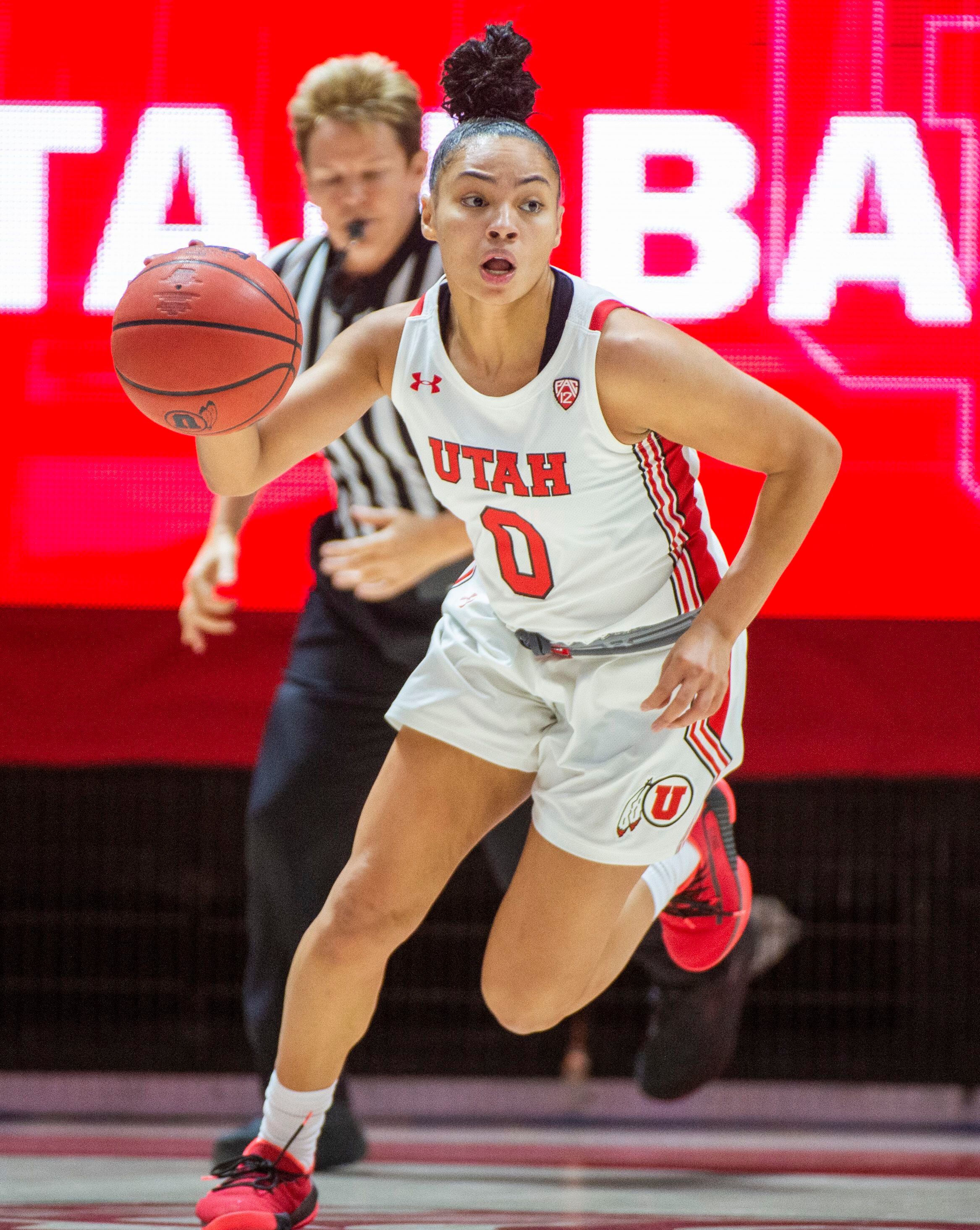 (Rick Egan | The Salt Lake Tribune) Utah guard Kiana Moore (0) leads a fast break for the Lady Utes, in PAC-12 basketball action between the Utah Utes and the Colorado Buffaloes, at the Jon M. Huntsman Center, Sunday, Nov. 29, 2019.