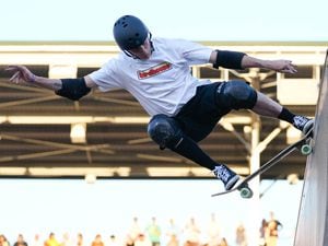 (Francisco Kjolseth | The Salt Lake Tribune) Iconic skateboarder Tony Hawk returns to the ramp to skate in public for the first, and possibly last, time since breaking his femur in March as he enters the “Legends Demo” at his Tony Hawk Vert Alert big-air skateboarding competition at the Utah Sate Fairpark on Friday, Aug. 26, 2022. 